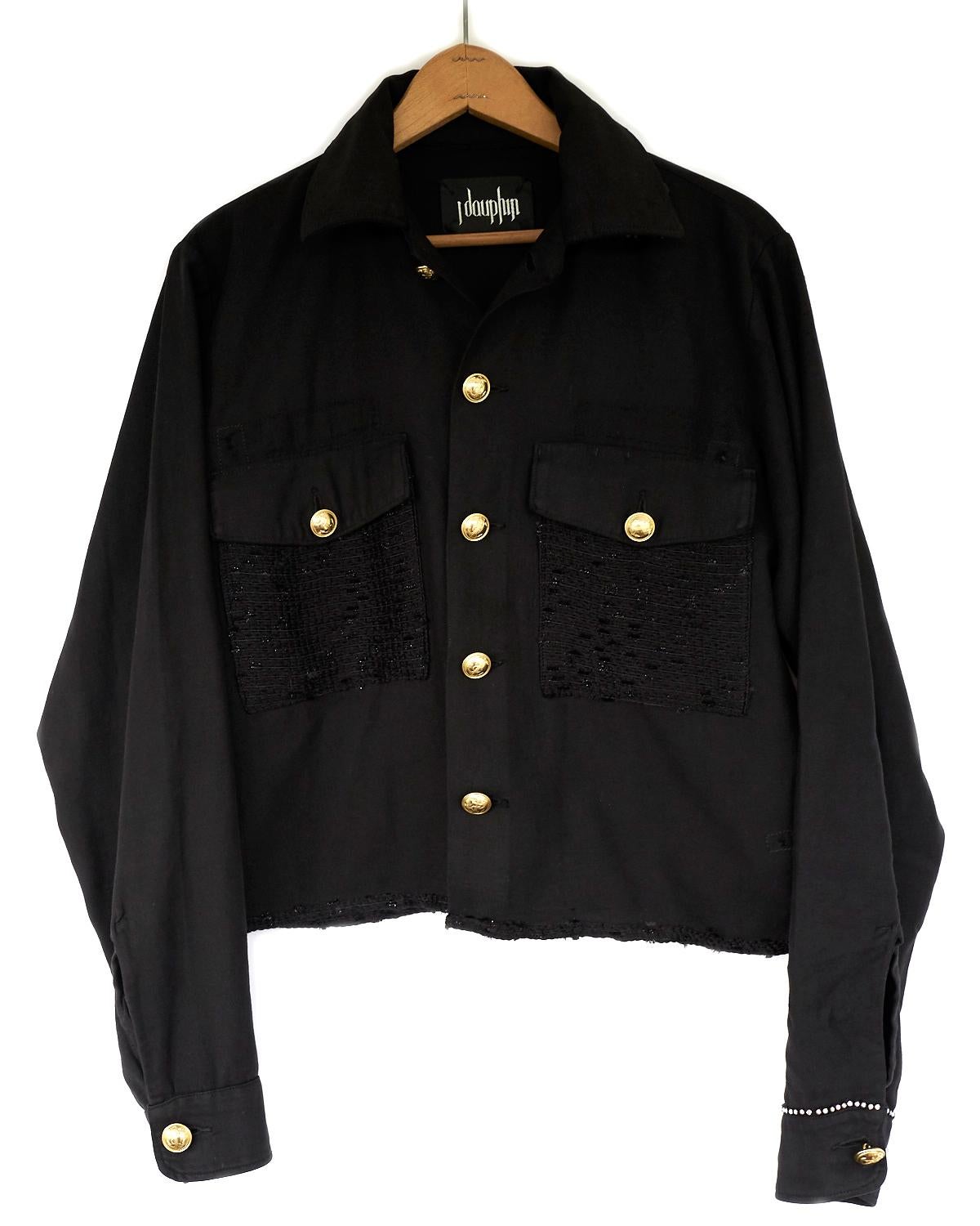 Embellished Rhinestone Jacket Cropped Lurex Tweed Gold Buttons Black J Dauphin In New Condition In Los Angeles, CA