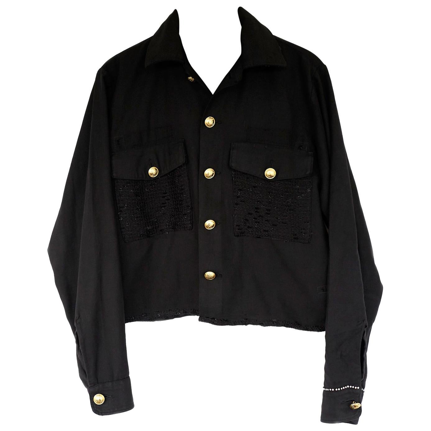 Embellished Rhinestone Jacket Cropped Lurex Tweed Gold Buttons Black J Dauphin