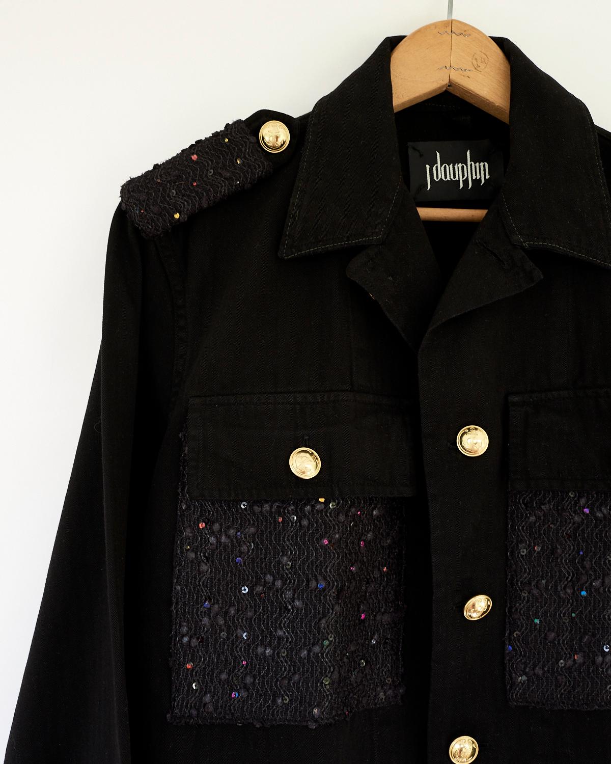 Embellished Jacket Repurposed Black Military Jacket Embellished with French Black Sequin Designer Tweed, Cropped with  Open Elbows and  Epaulettes, Gold Tone Brass Buttons, Jacket 100% Cotton 
Brand: J Dauphin
Size: M/L
Repurposed Vintage,