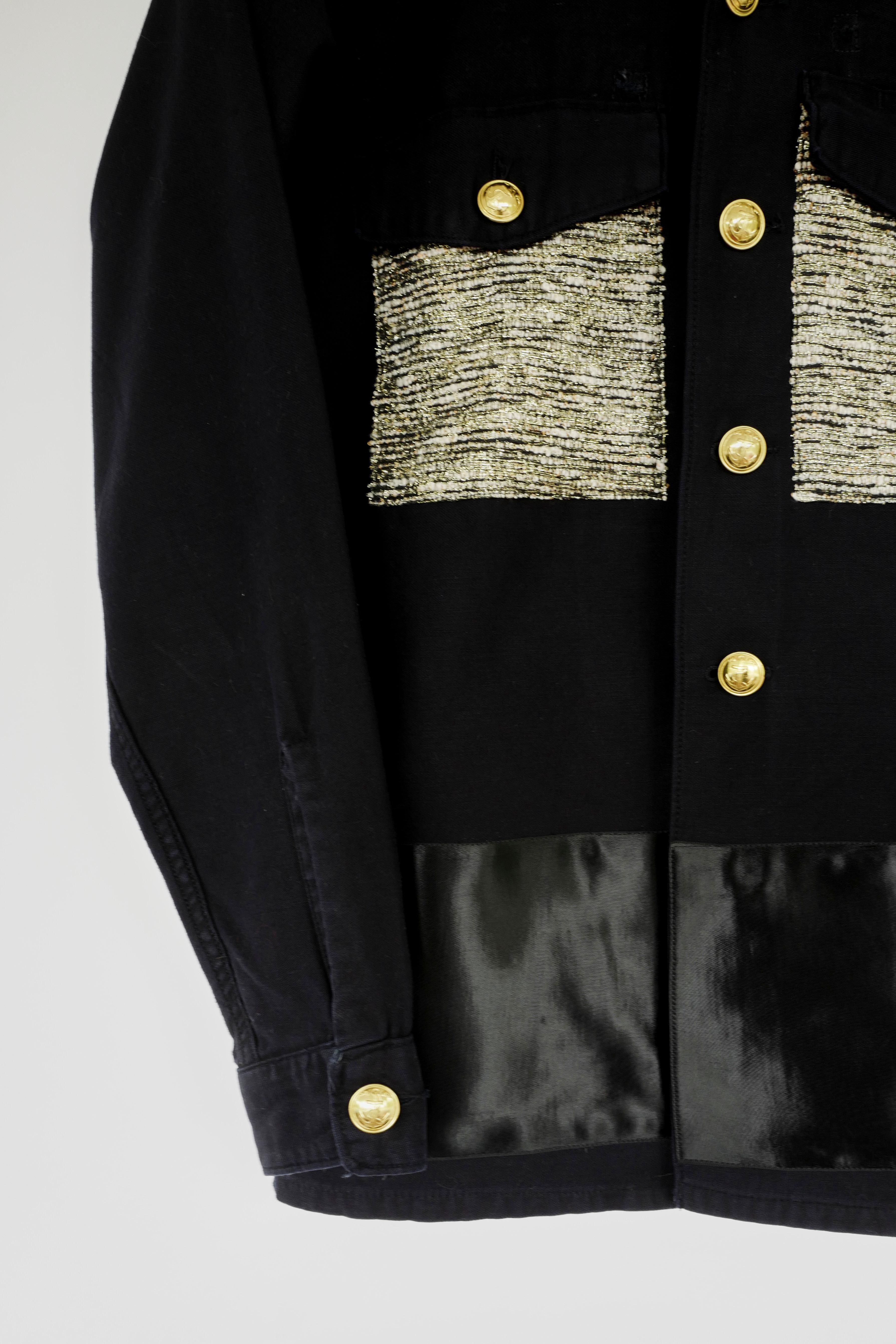 J Dauphin Upcycled Vintage Sustainable Black Military Gold Lurex Tweed Silk Ribbon Jacket

•	Brand: J Dauphin
•	Original Vintage Military Jacket from 1960-1970
•	Body: 100% Cotton in Dyed Black
•	Trim:  Dead stock Gold Lurex Tweed pockets, White