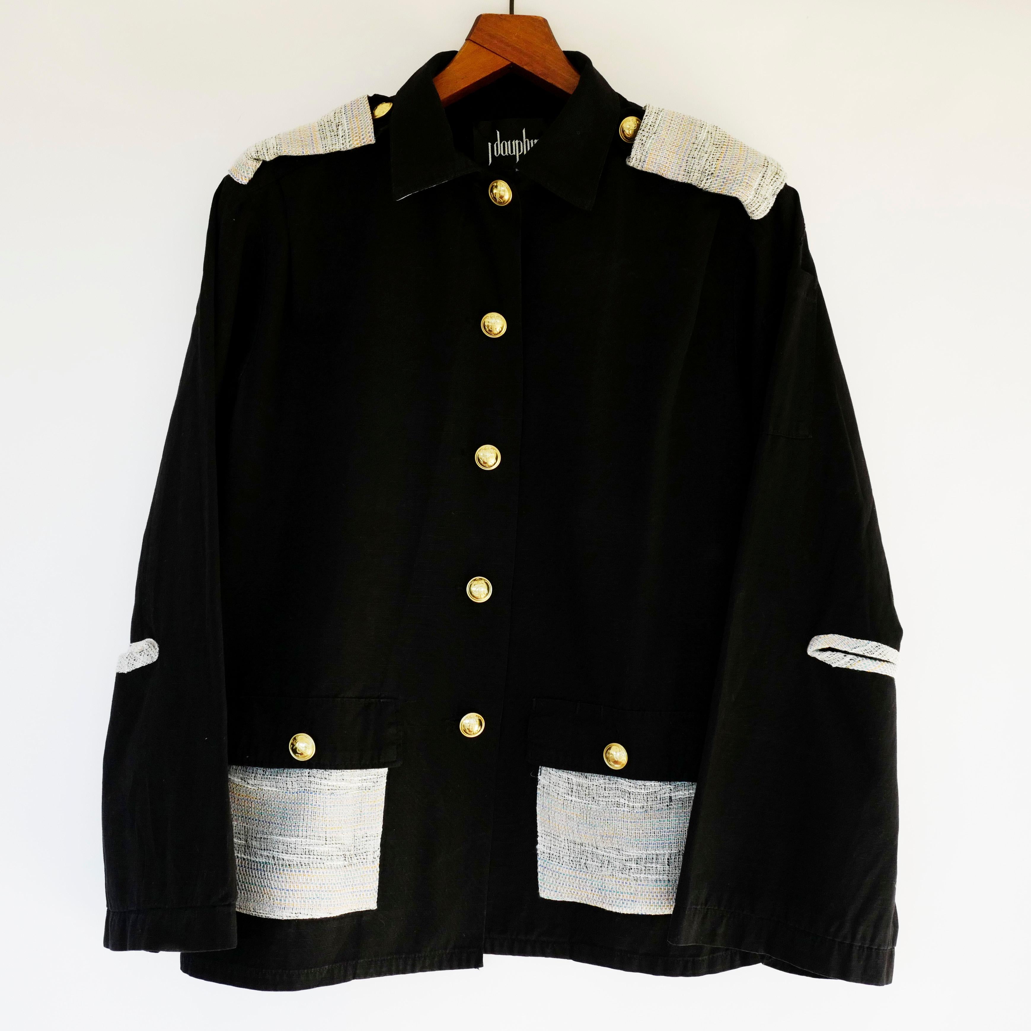 Embellished French Painter Jacket Black, Gold Button Lurex Cotton Tweed Open Elbow J Dauphin, Sustainable Luxury, Up-cycled Vintage

Our Up-cycled Vintage Jackets are made from vintage, natural fibers, military clothing and french workwear from the