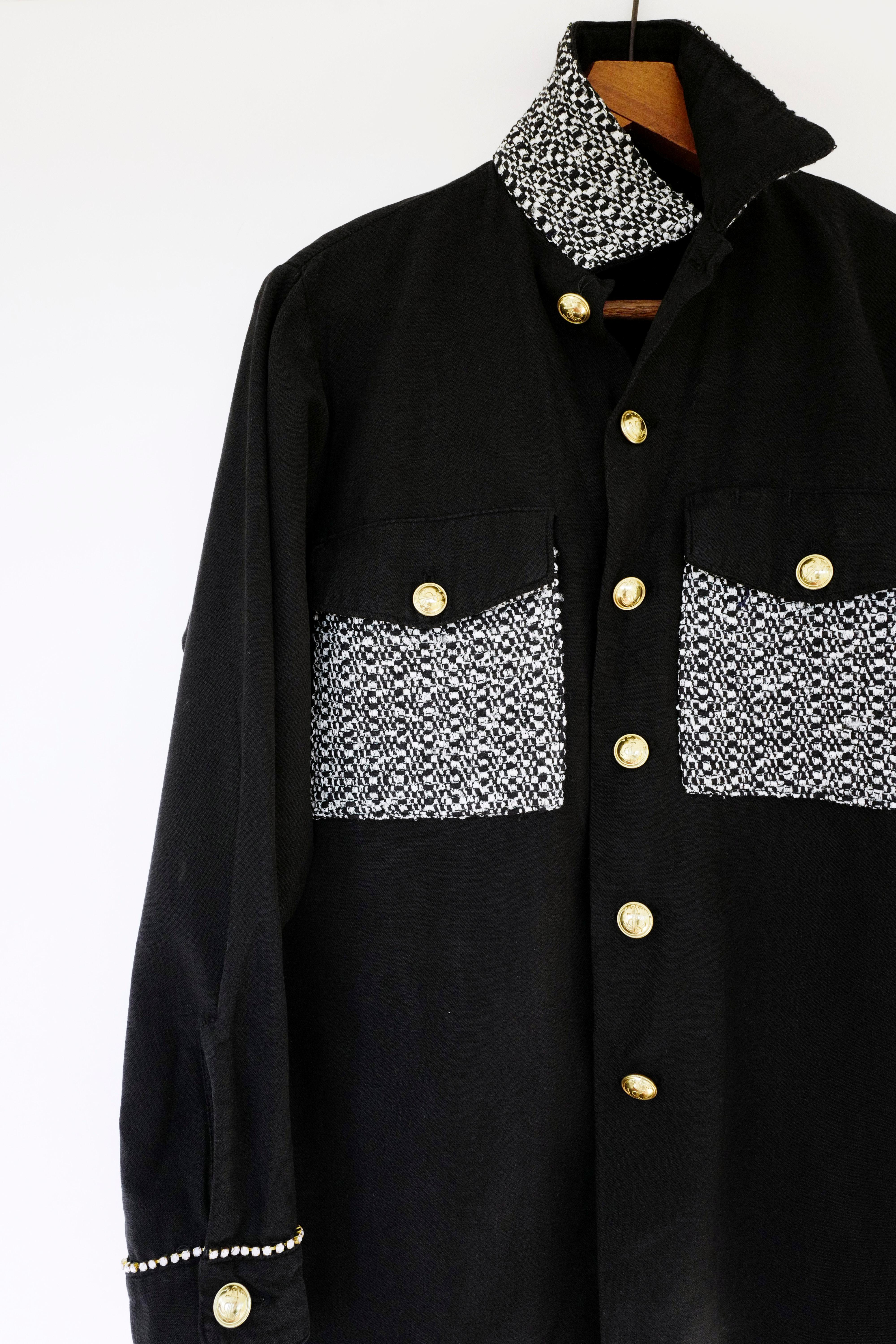 Embellished Rhinestone Jacket Black Lurex Tweed Military Gold Buttons J Dauphin  In New Condition In Los Angeles, CA