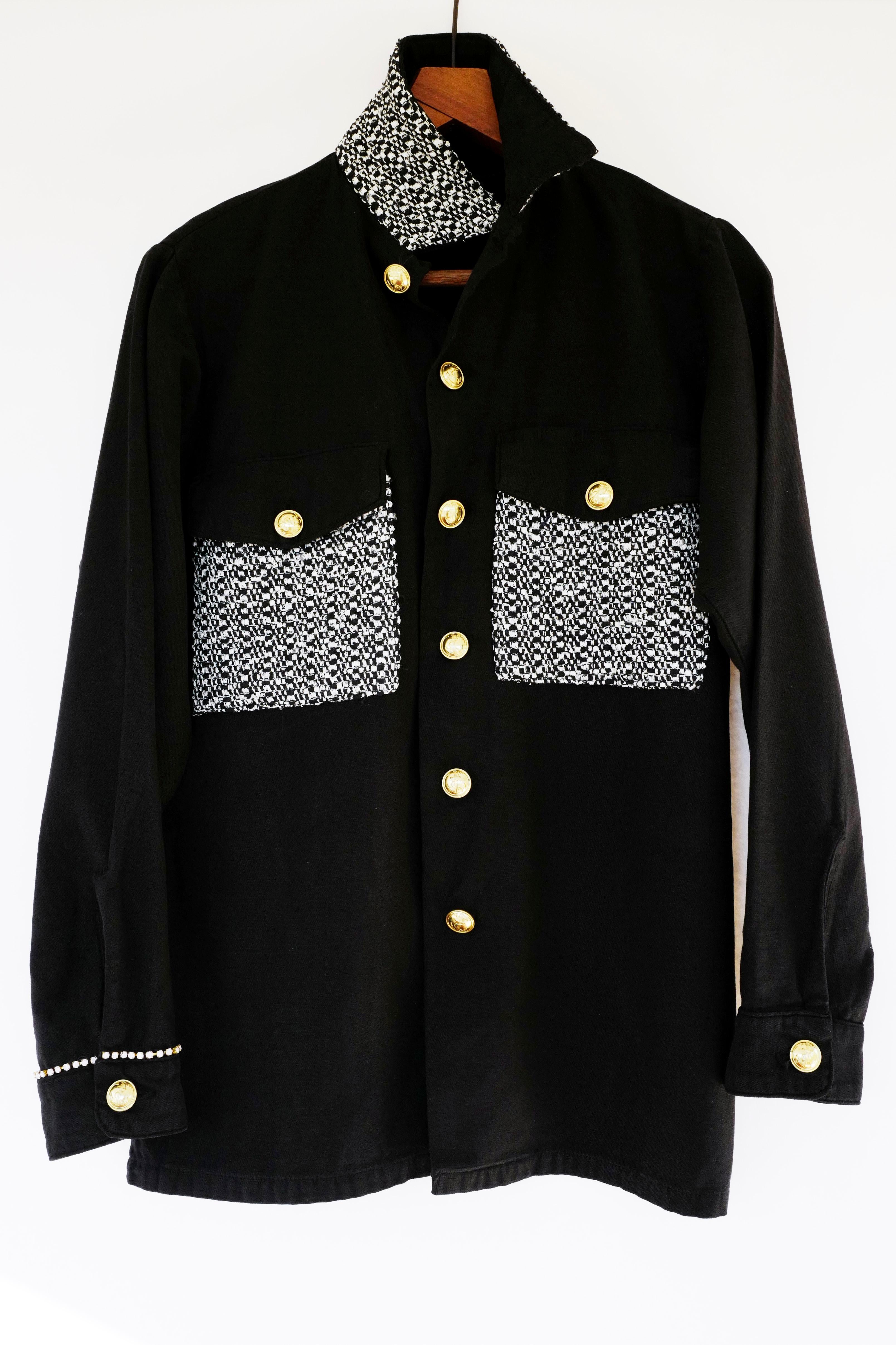 Women's Embellished Rhinestone Jacket Black Lurex Tweed Military Gold Buttons J Dauphin 