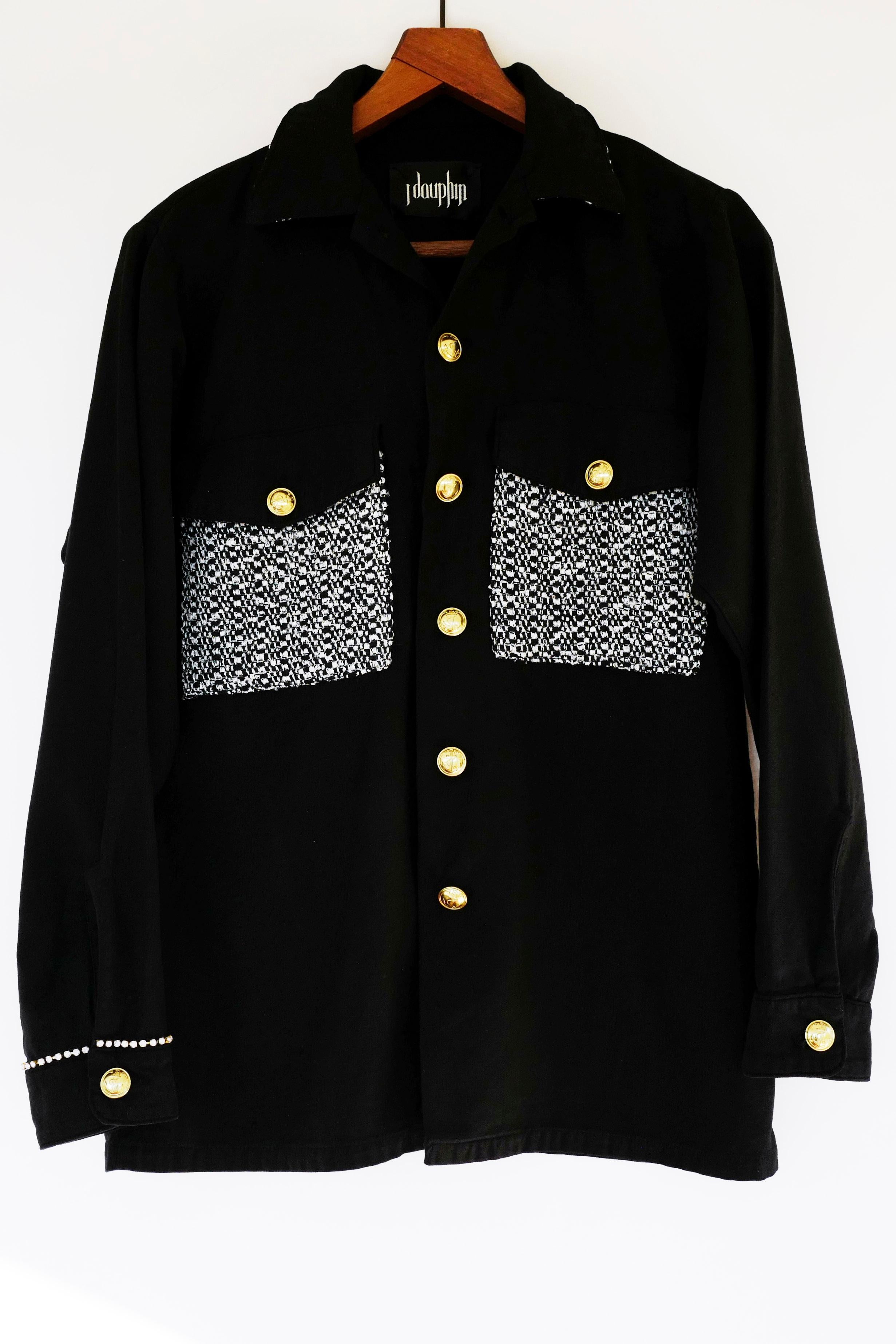 Embellished Rhinestone Jacket Black Lurex Tweed Military Gold Buttons J Dauphin  1