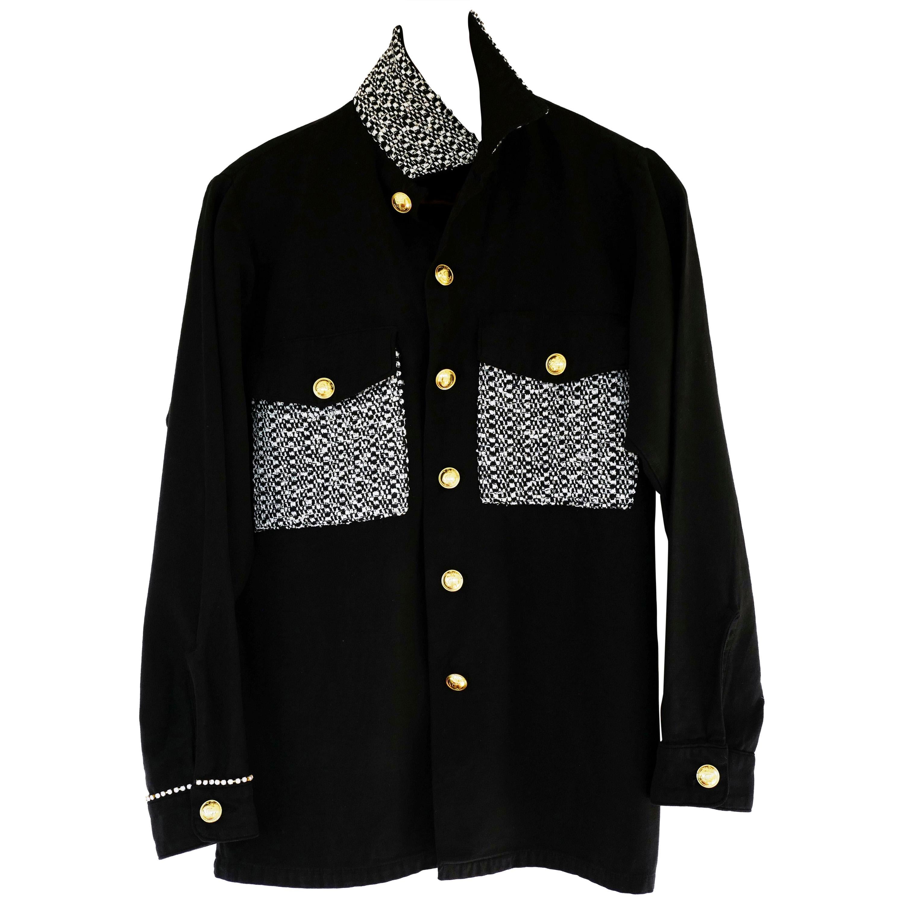 Embellished Rhinestone Jacket Black Lurex Tweed Military Gold Buttons J Dauphin 