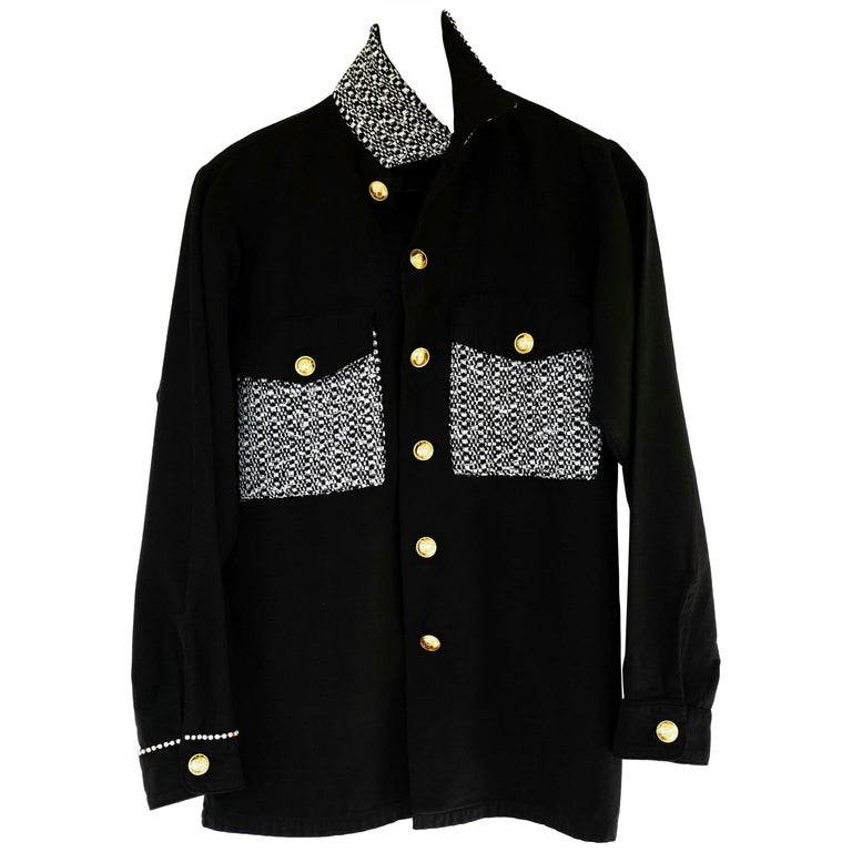 Embellished Rhinestone Jacket Black Lurex Tweed Military Gold Buttons J ...