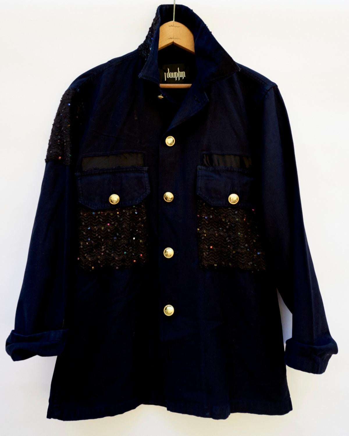 Women's Embellished Jacket Dark Blue Military Gold Button Black Designer Tweed J Dauphin