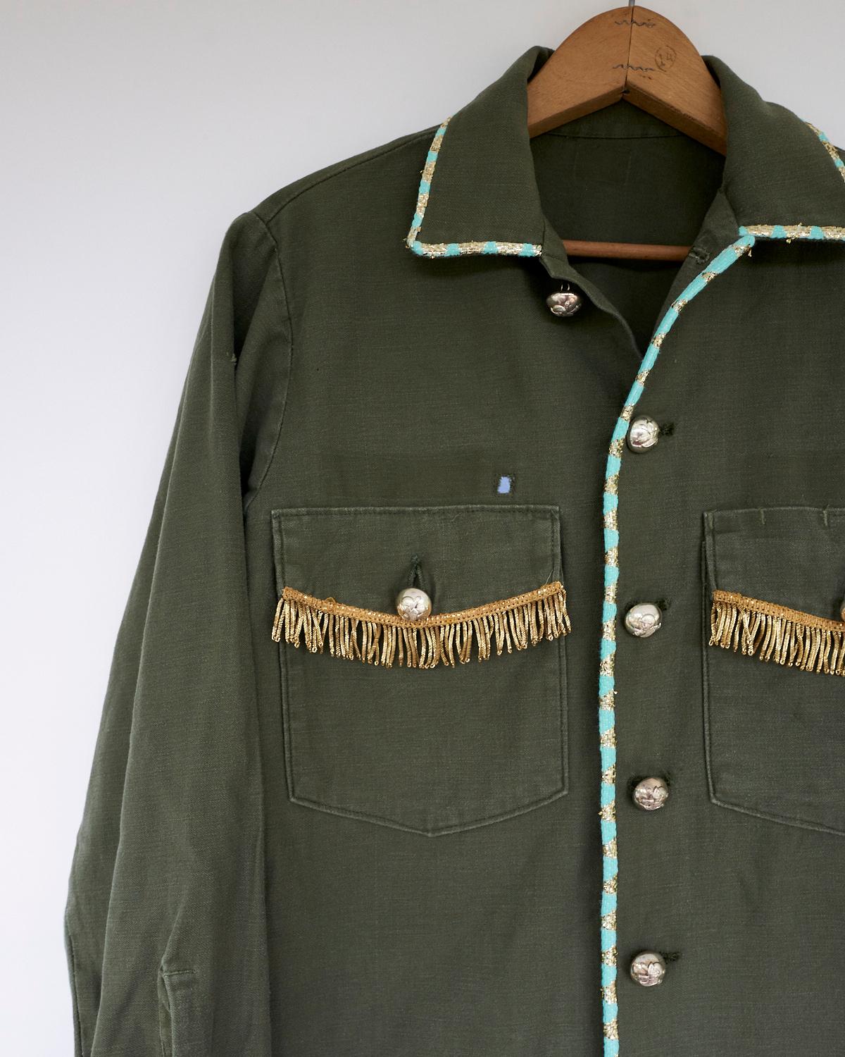 Black Fringe Embellished Jacket Cropped Tweed Military Green Gold Buttons J Dauphin