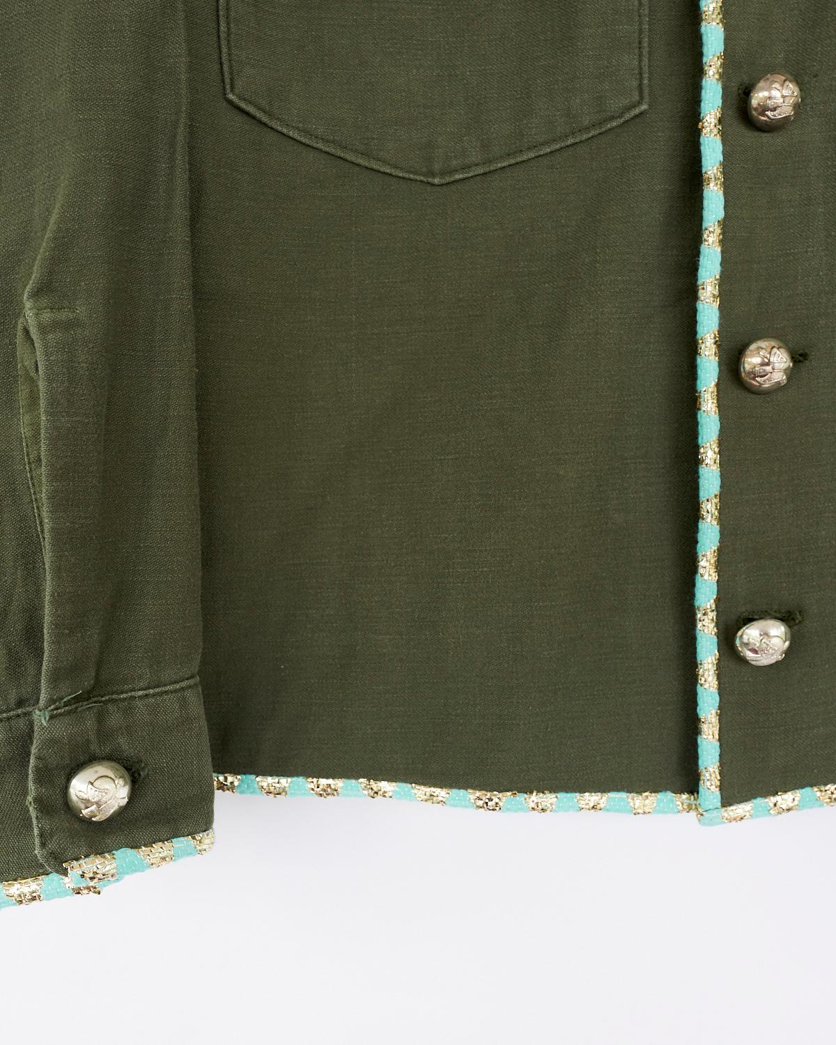 Fringe Embellished Jacket Cropped Tweed Military Green Gold Buttons J Dauphin In New Condition In Los Angeles, CA