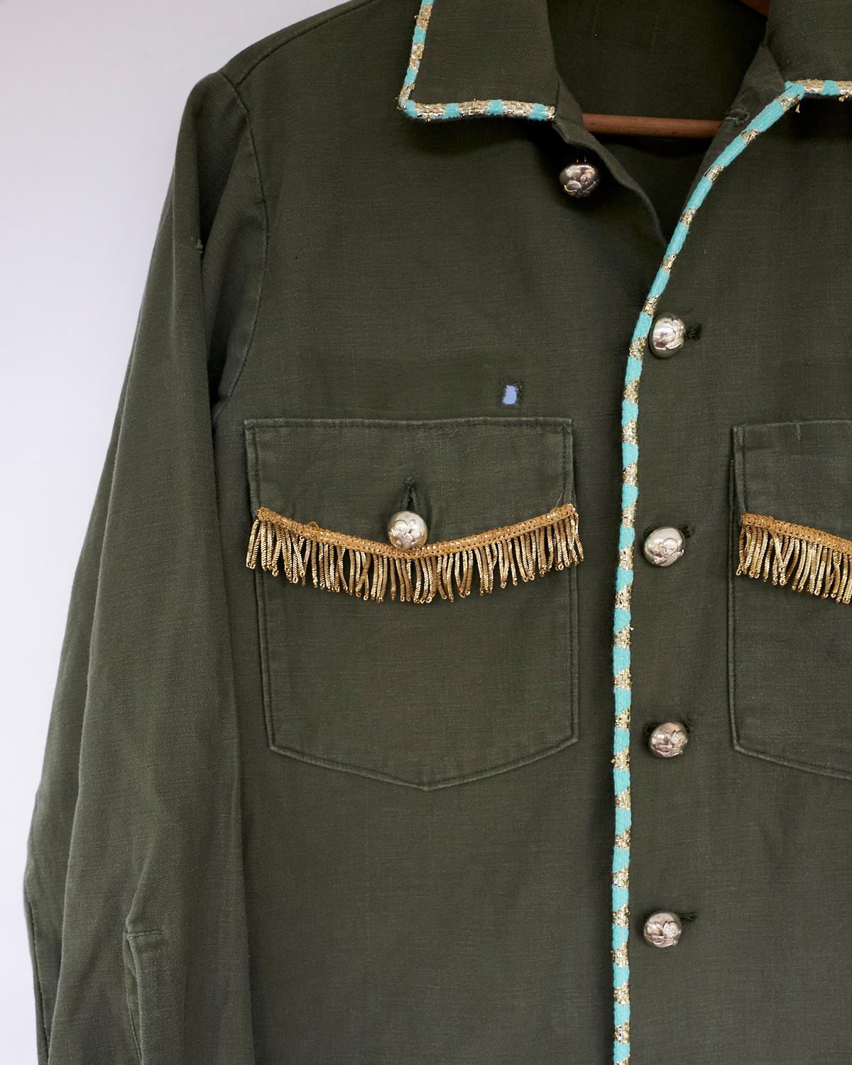 Women's Fringe Embellished Jacket Cropped Tweed Military Green Gold Buttons J Dauphin