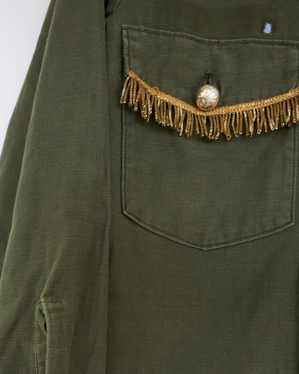 Fringe Embellished Jacket Cropped Tweed Military Green Gold Buttons J Dauphin 1