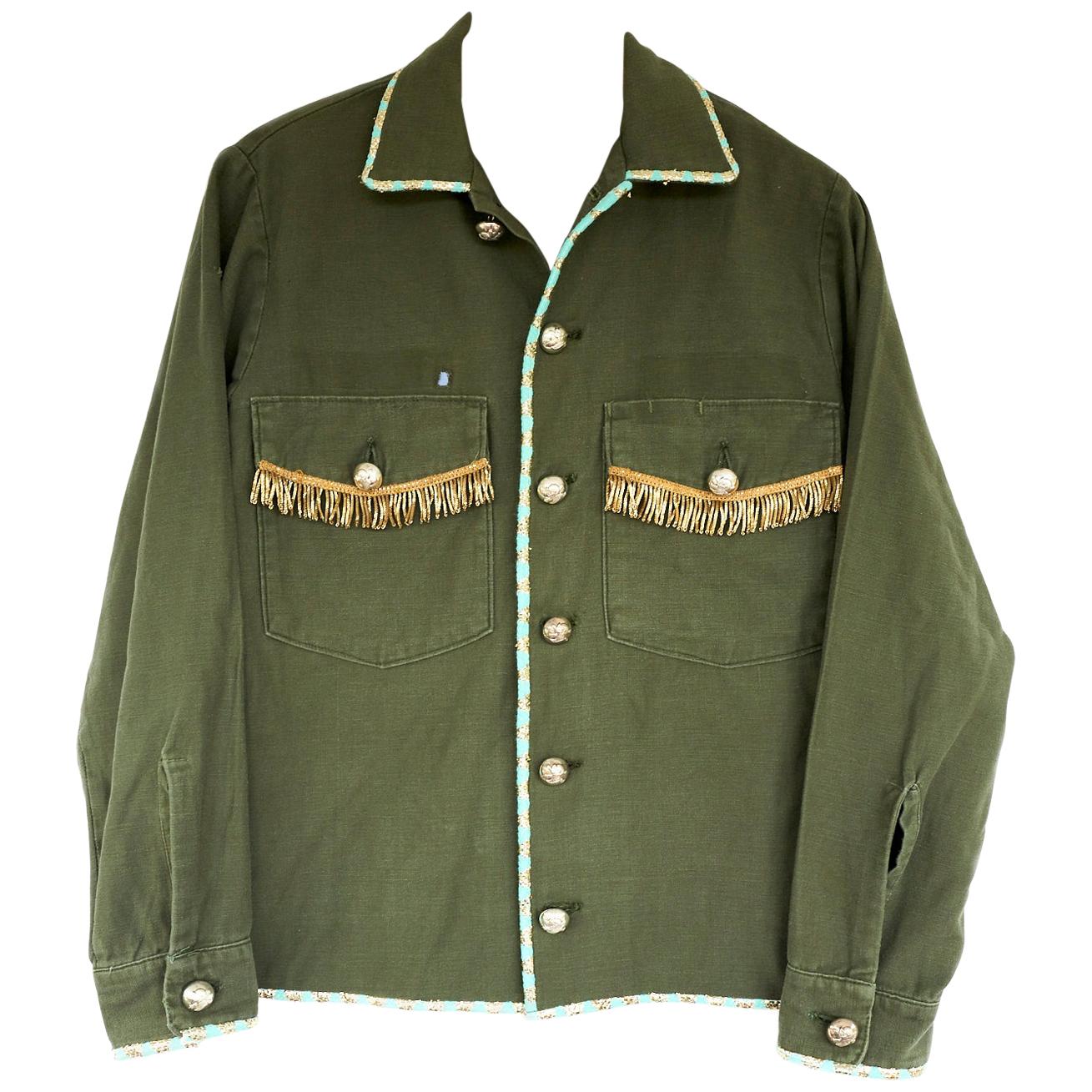 Fringe Embellished Jacket Cropped Tweed Military Green Gold Buttons J Dauphin