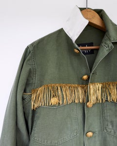 Embellished Fringe Green Military Jacket Gold Button Silk Collar J Dauphin