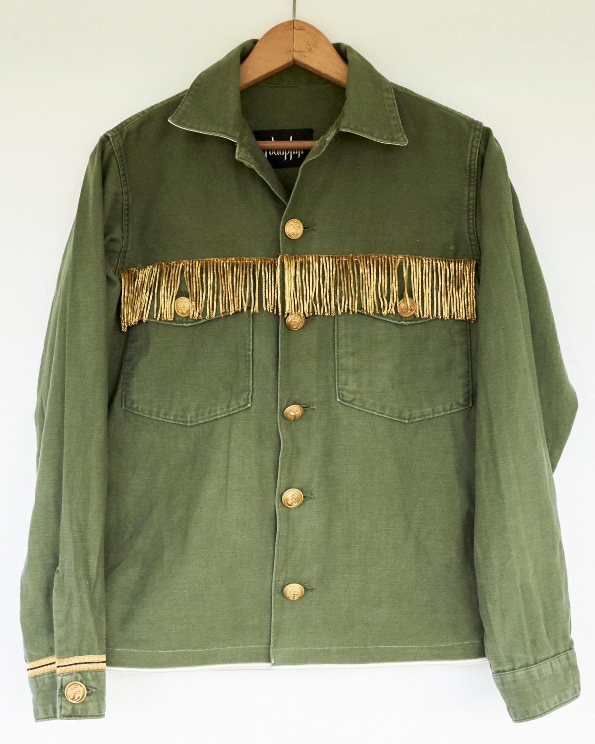 Women's Embellished Fringe Green Military Jacket Gold Button Silk Collar J Dauphin