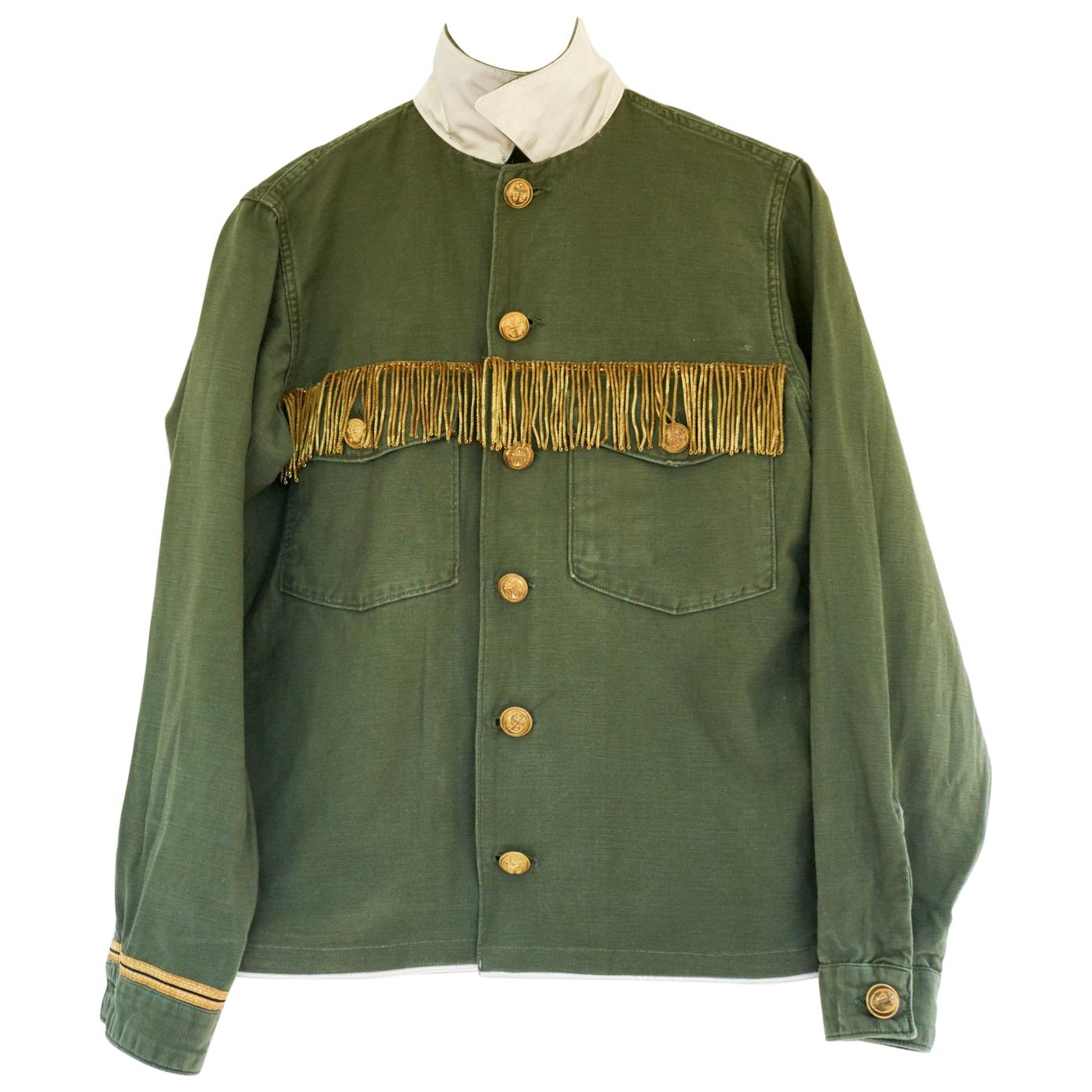 Embellished Fringe Green Military Jacket Gold Button Silk Collar J Dauphin
