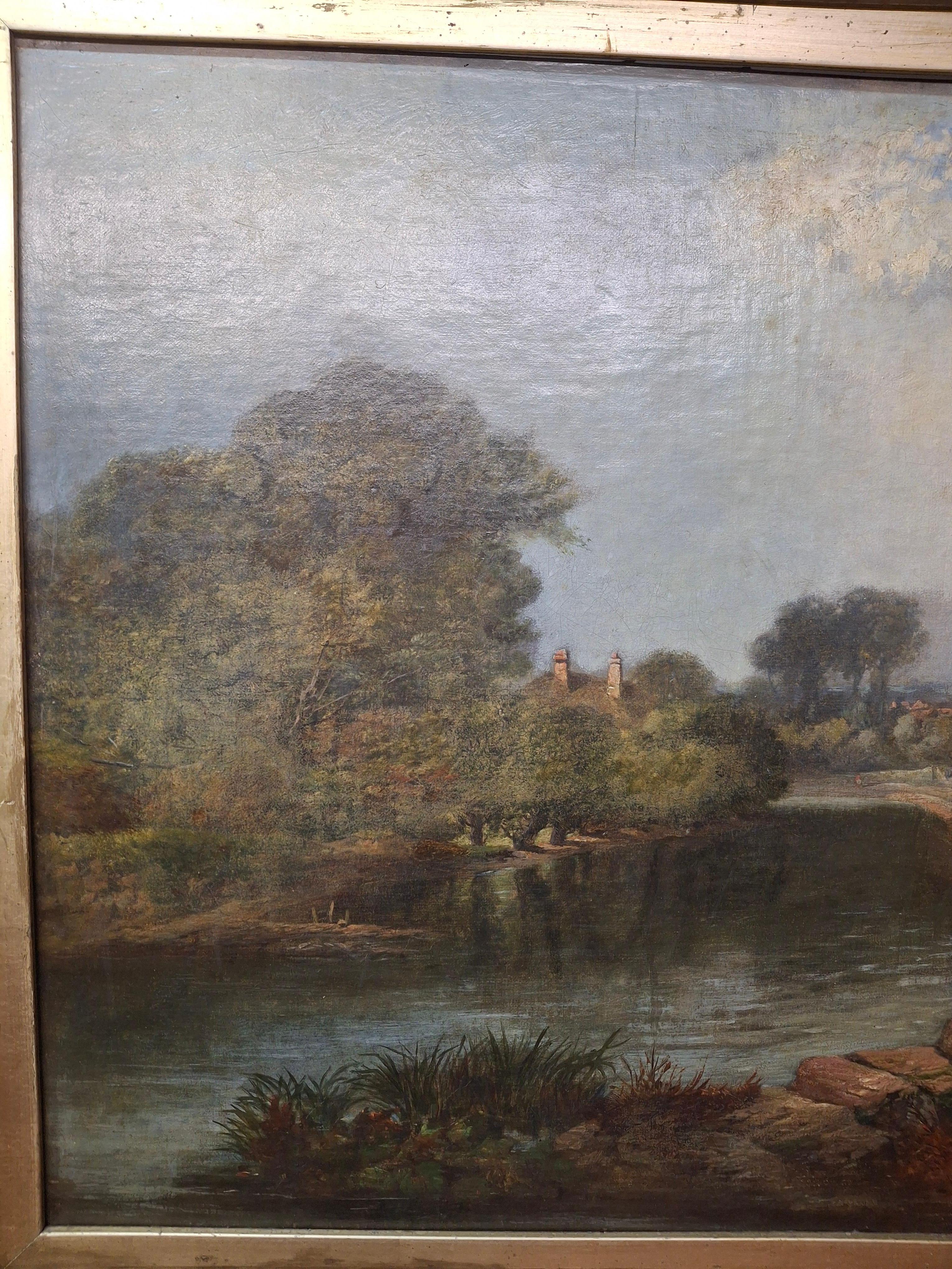 Paisaje con río y figuras de J. De Fleury en venta 1