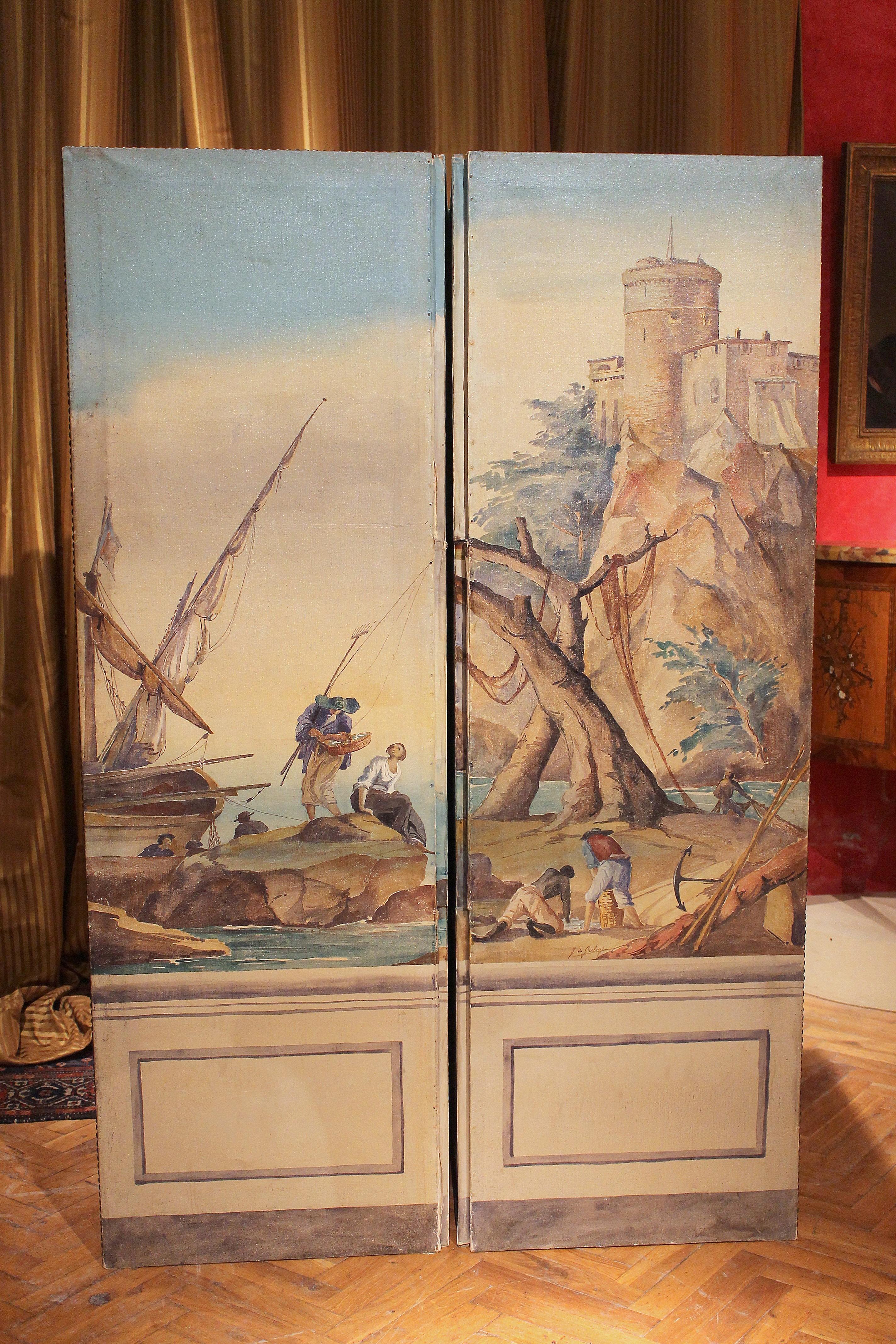 Französische Tempera auf Leinwand, vier Tafeln, klappbarer Raumteiler mit Meeresansicht im Angebot 12