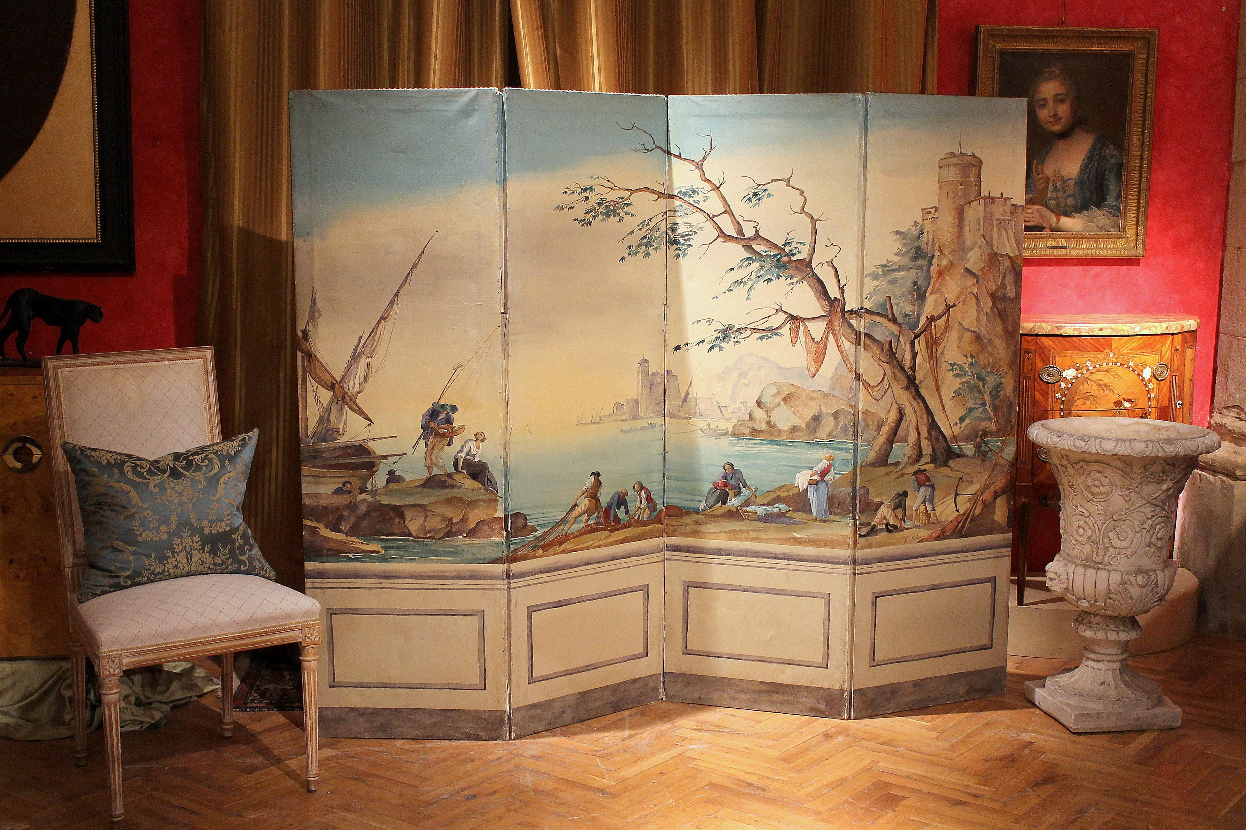 Französische Tempera auf Leinwand, vier Tafeln, klappbarer Raumteiler mit Meeresansicht – Painting von J. de Greling