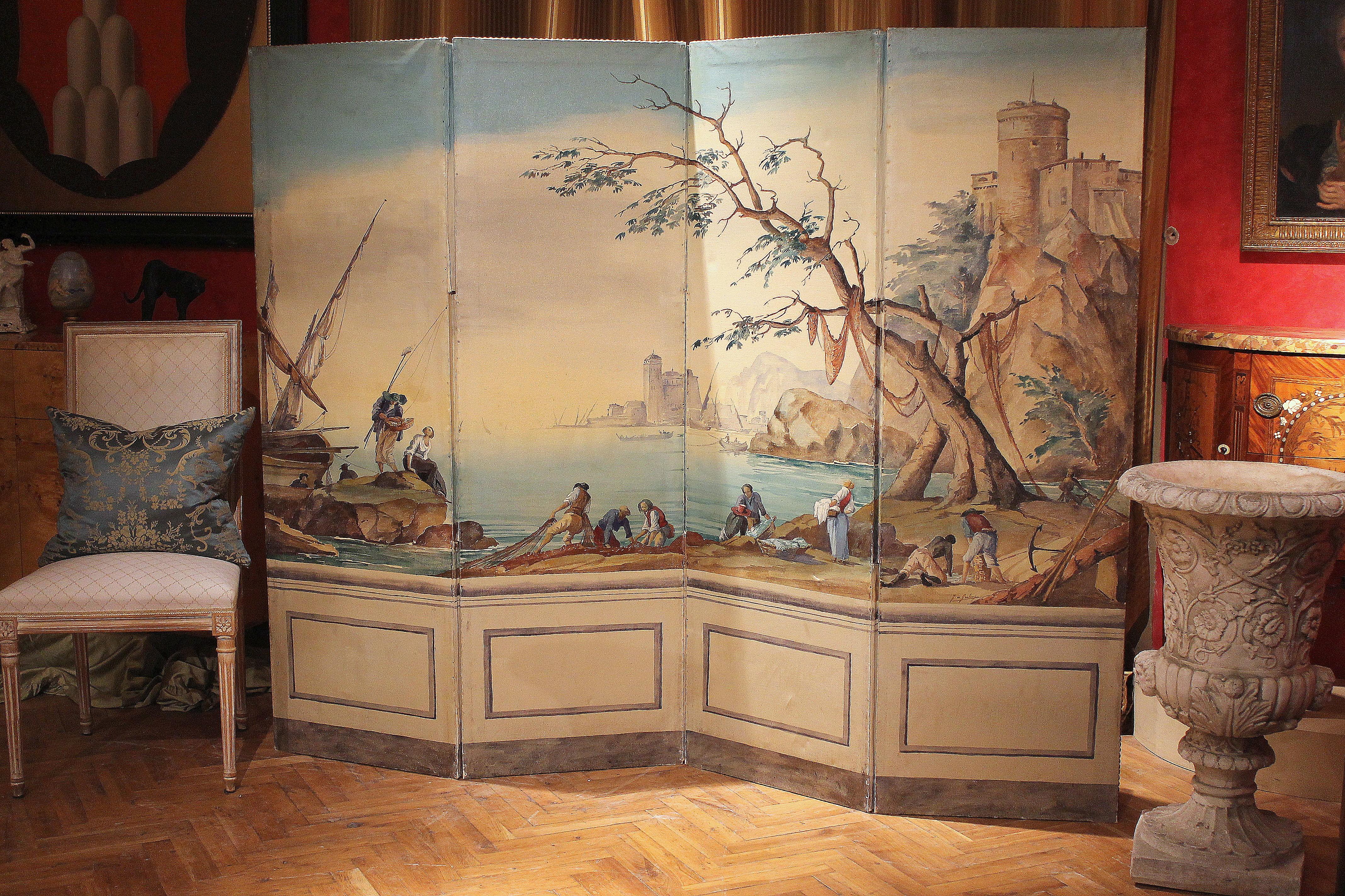Französische Tempera auf Leinwand, vier Tafeln, klappbarer Raumteiler mit Meeresansicht (Realismus), Painting, von J. de Greling