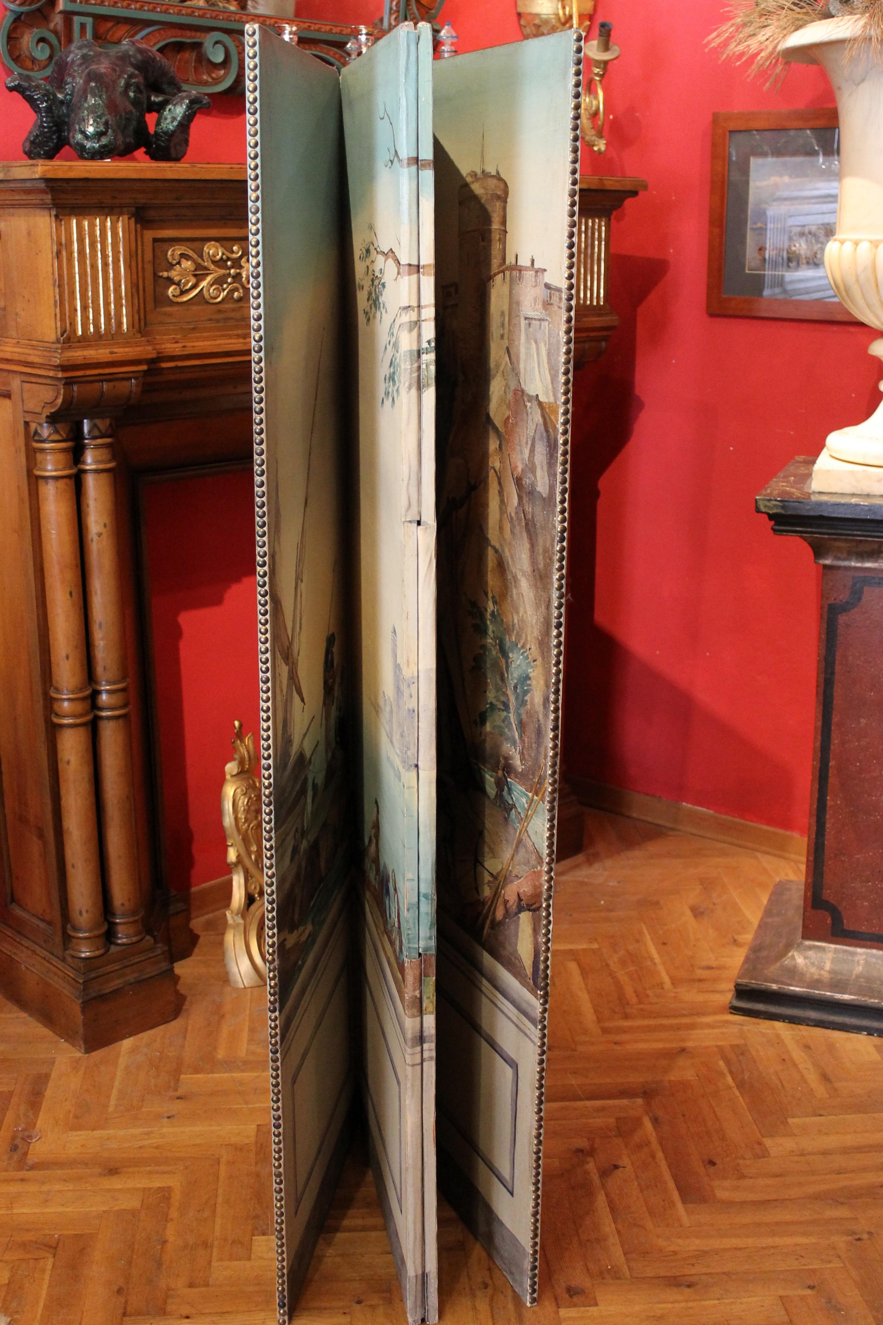 French Tempera on Canvas Four Panels Folding Screen with Seascape View - Gray Landscape Painting by J. de Greling