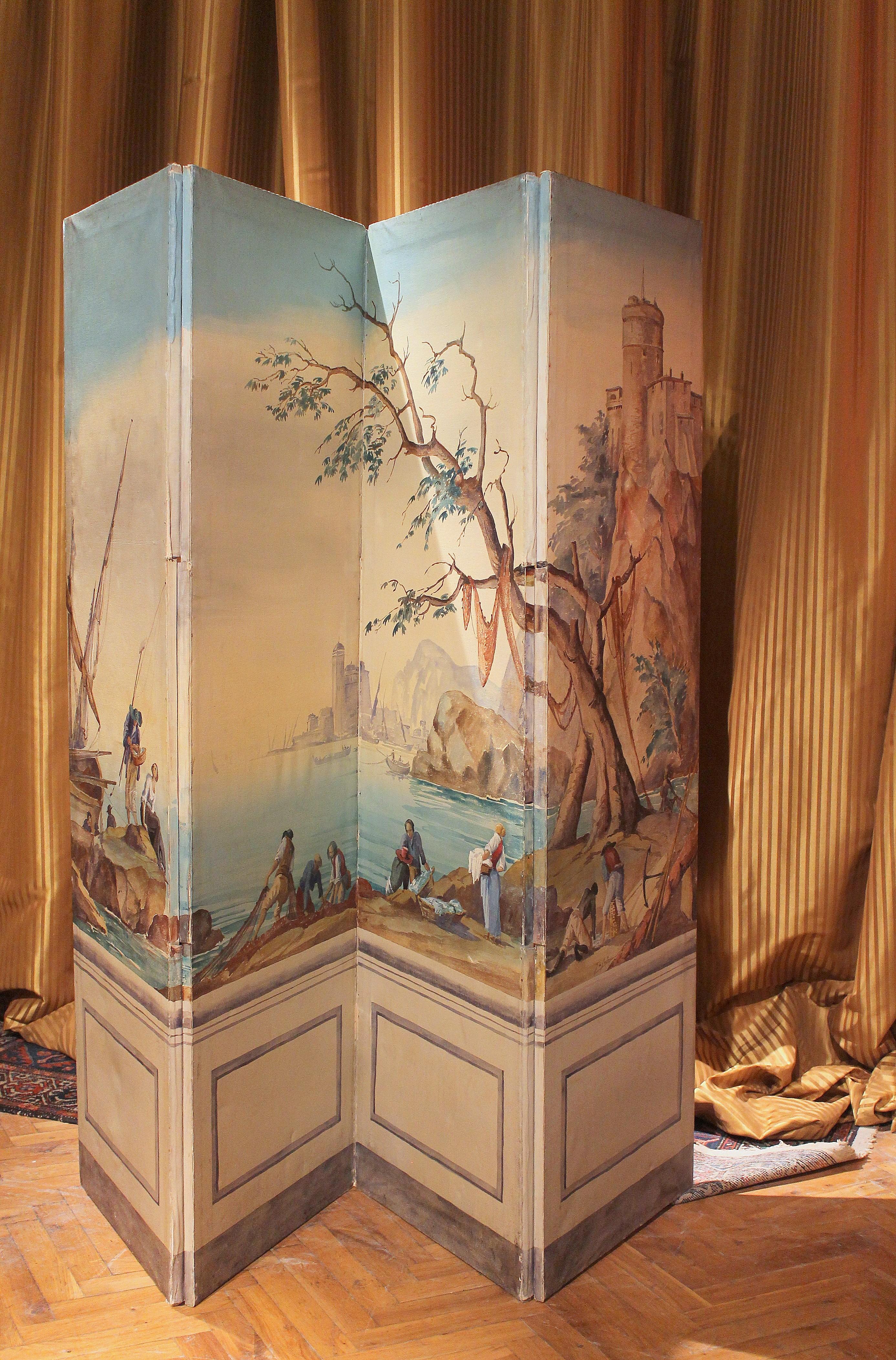 This French early 20th Century folding screen is made up of four canvases entirely painted with textured tempera featuring a marine landscape view in full Louis XV style, reminiscences of romantic atmospheres with certain moods from the past.
The