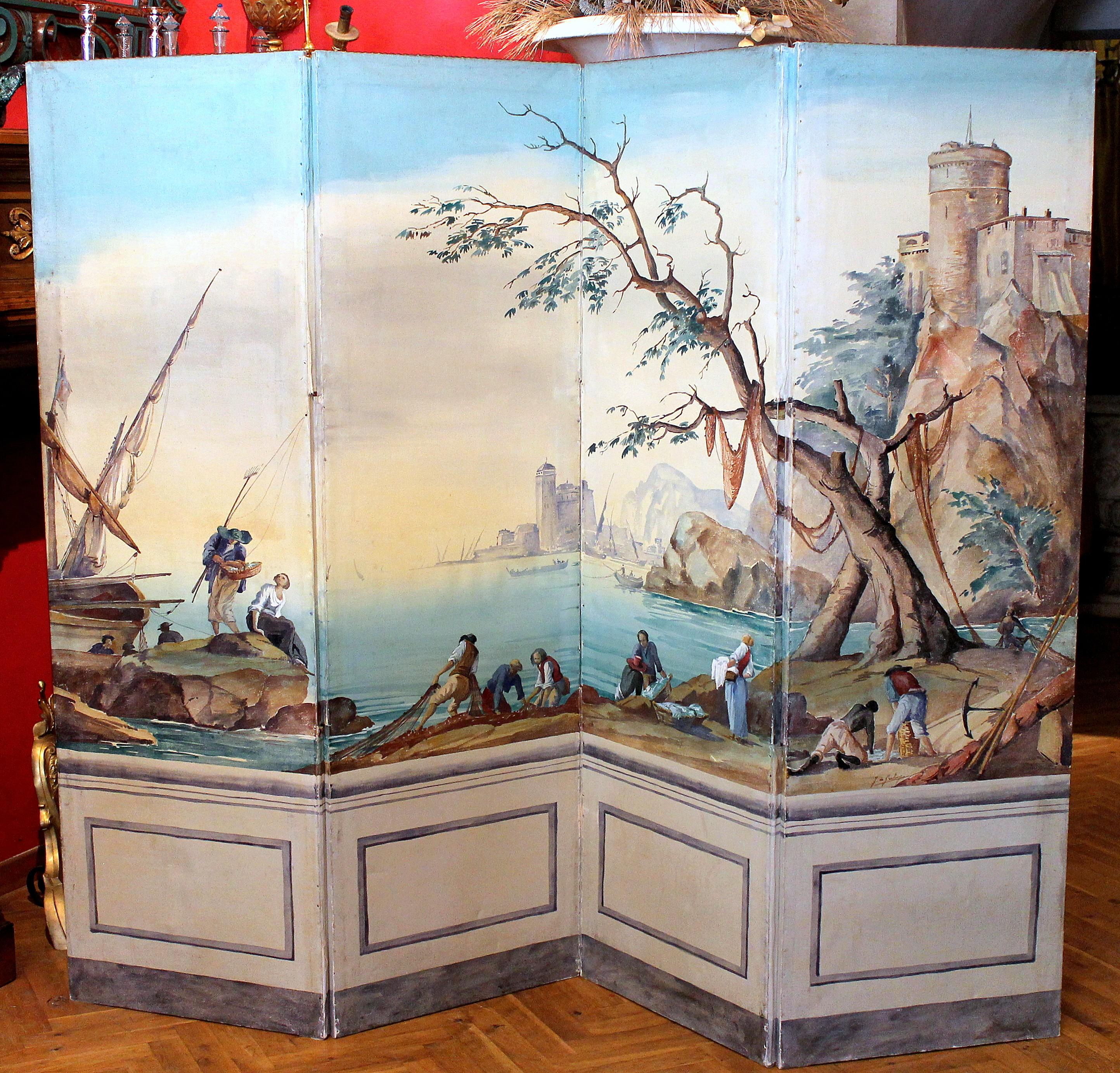 J. de Greling Landscape Painting - French Tempera on Canvas Four Panels Folding Screen with Seascape View