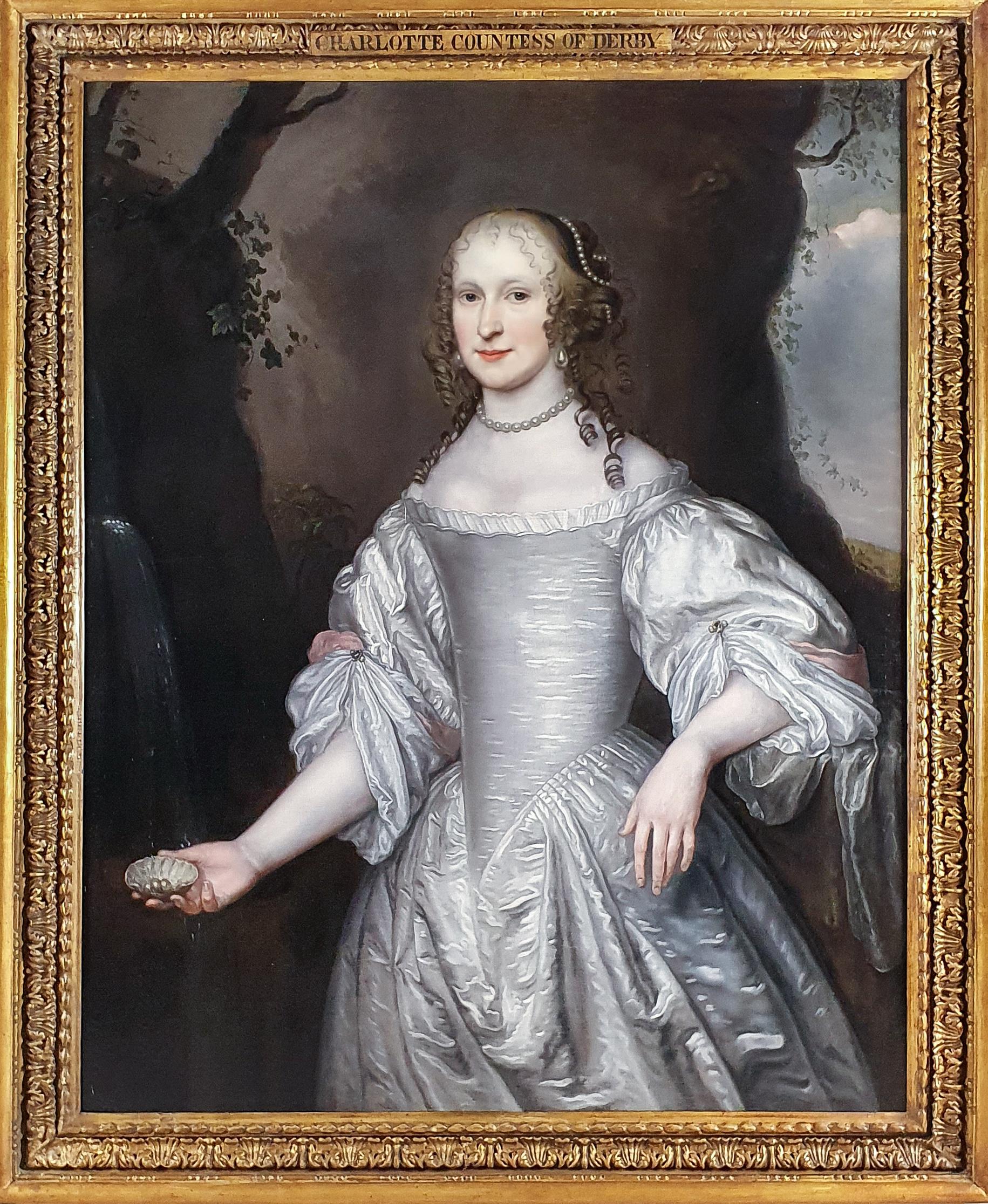 J. de Langhe Portrait Painting - Portrait of Charlotte Stanley, Countess of Derby, Antique oil on canvas painting