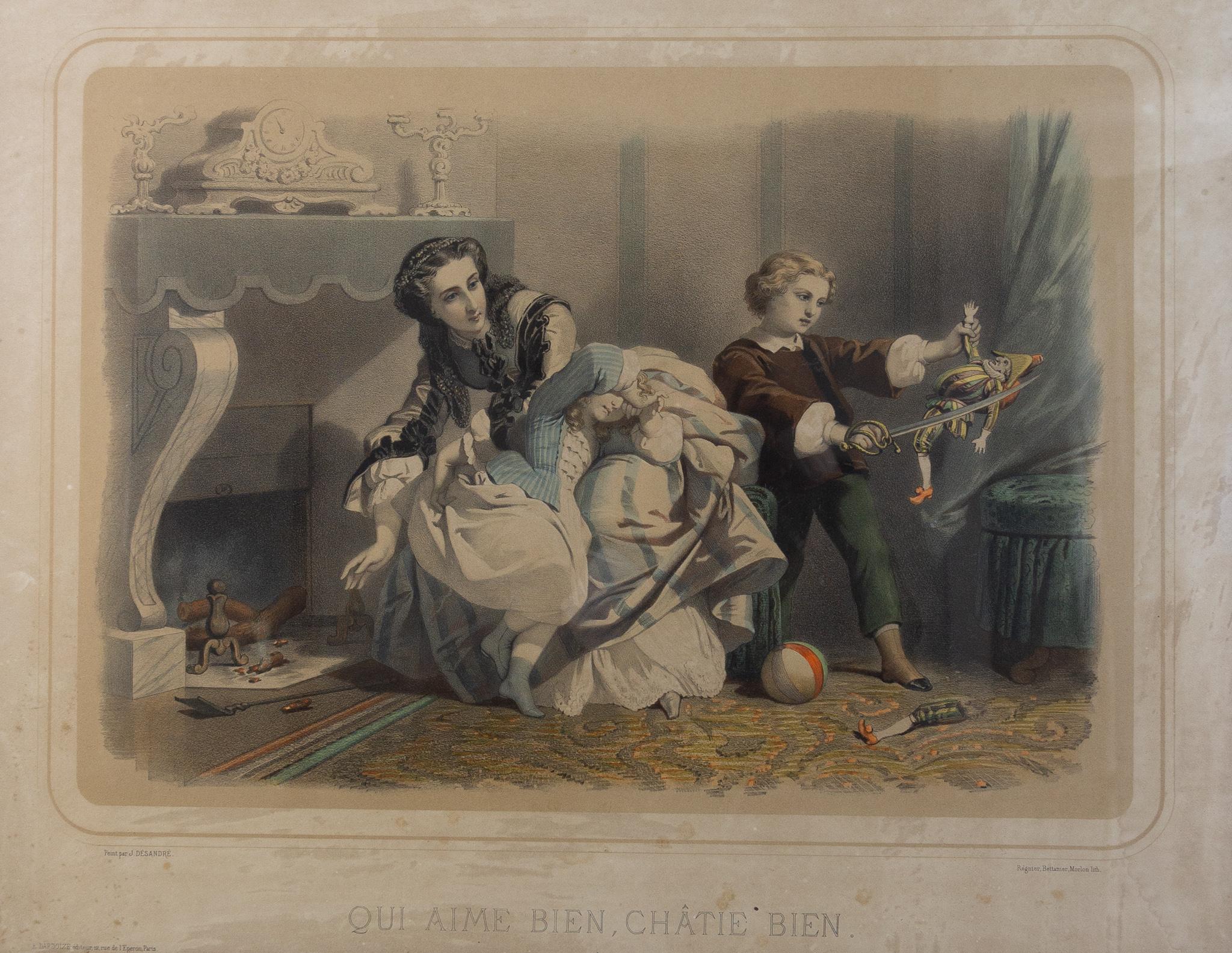 J. Desandre Sparen Sie den Rod und Löschen Sie das Kind, Kupferstich, 19. Jahrhundert  im Angebot 1