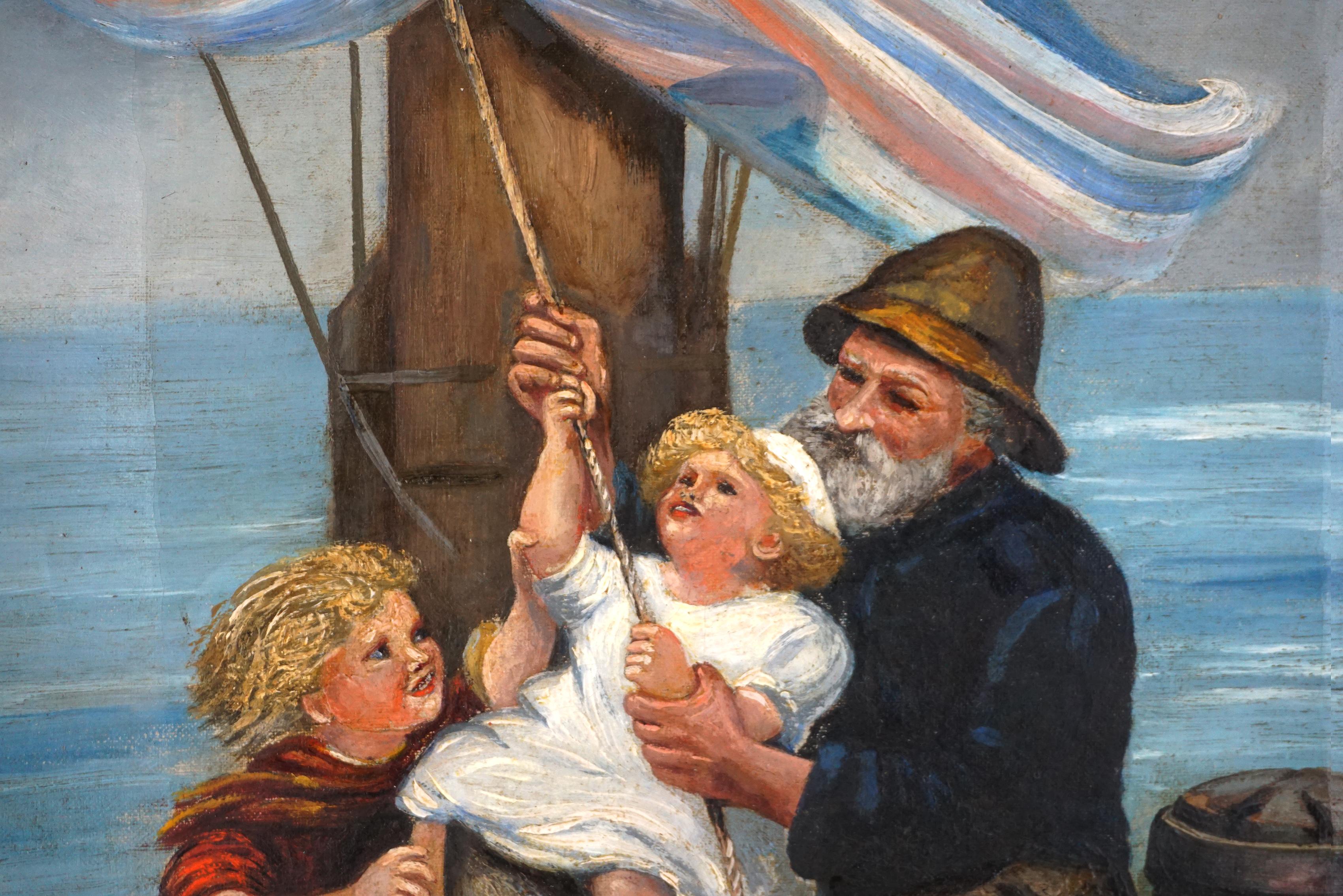 Turn of Century American Figurative Maine Lobster Fisherman - Grandfather's Joy - Painting by J. Doerr