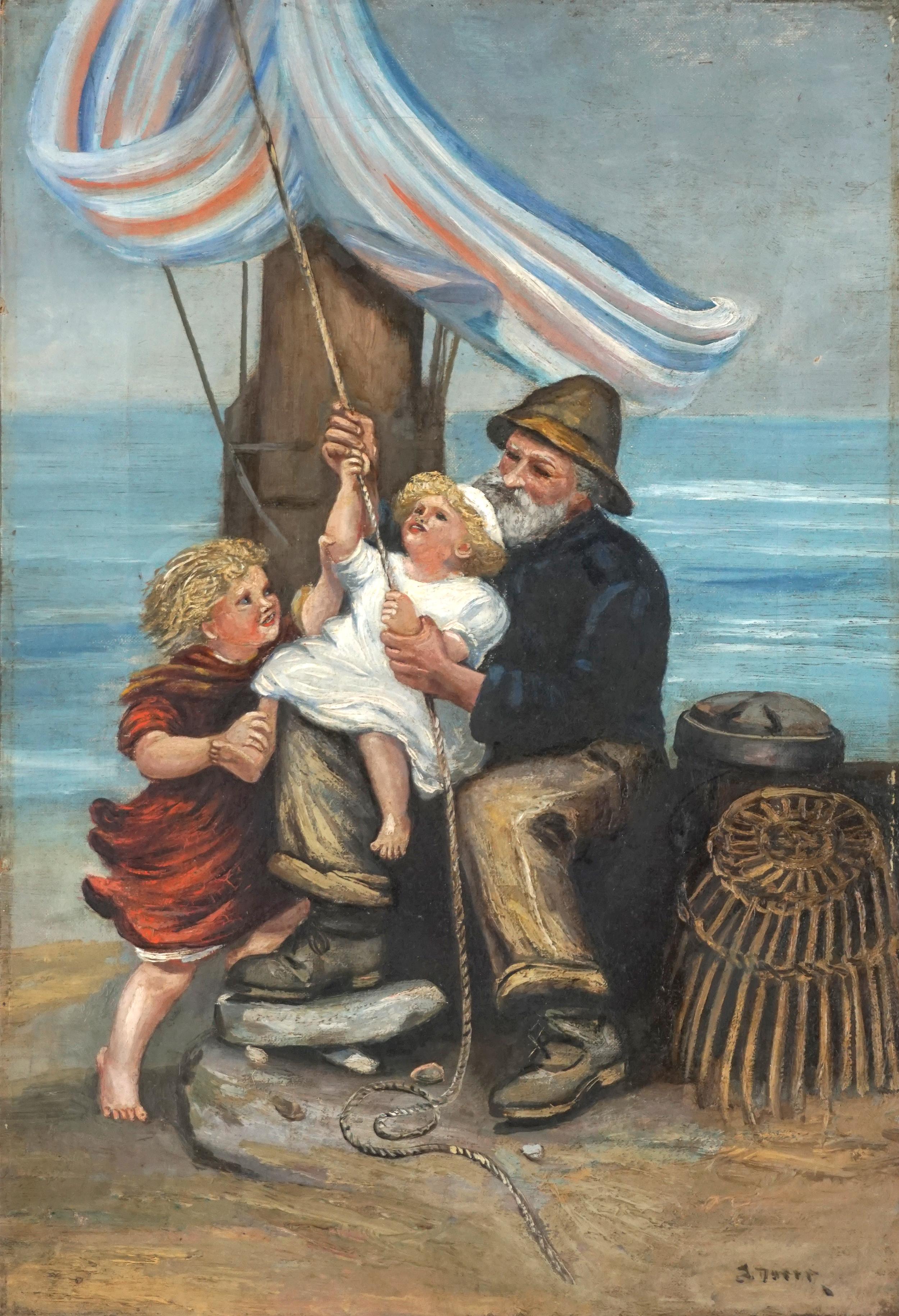 Figurative Painting di J. Doerr - Figurativo americano di fine secolo, pescatore di aragoste del Maine - La gioia del nonno
