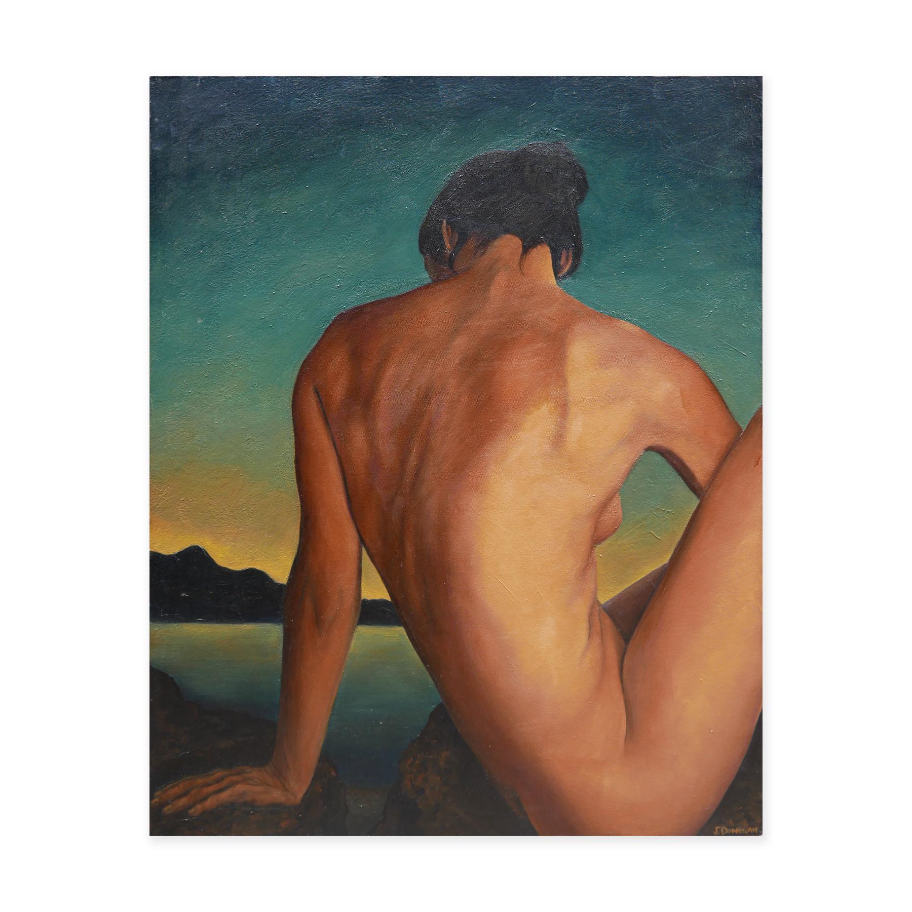 Pittura astratta surrealista di nudo femminile in verde scuro e marrone - Painting di J. Donegan
