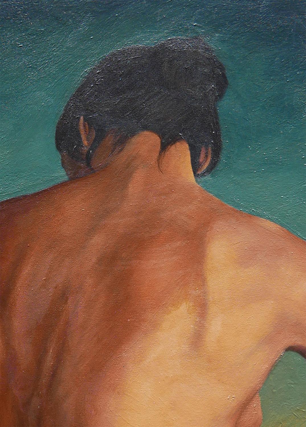 Pittura astratta surrealista di nudo femminile in verde scuro e marrone 3