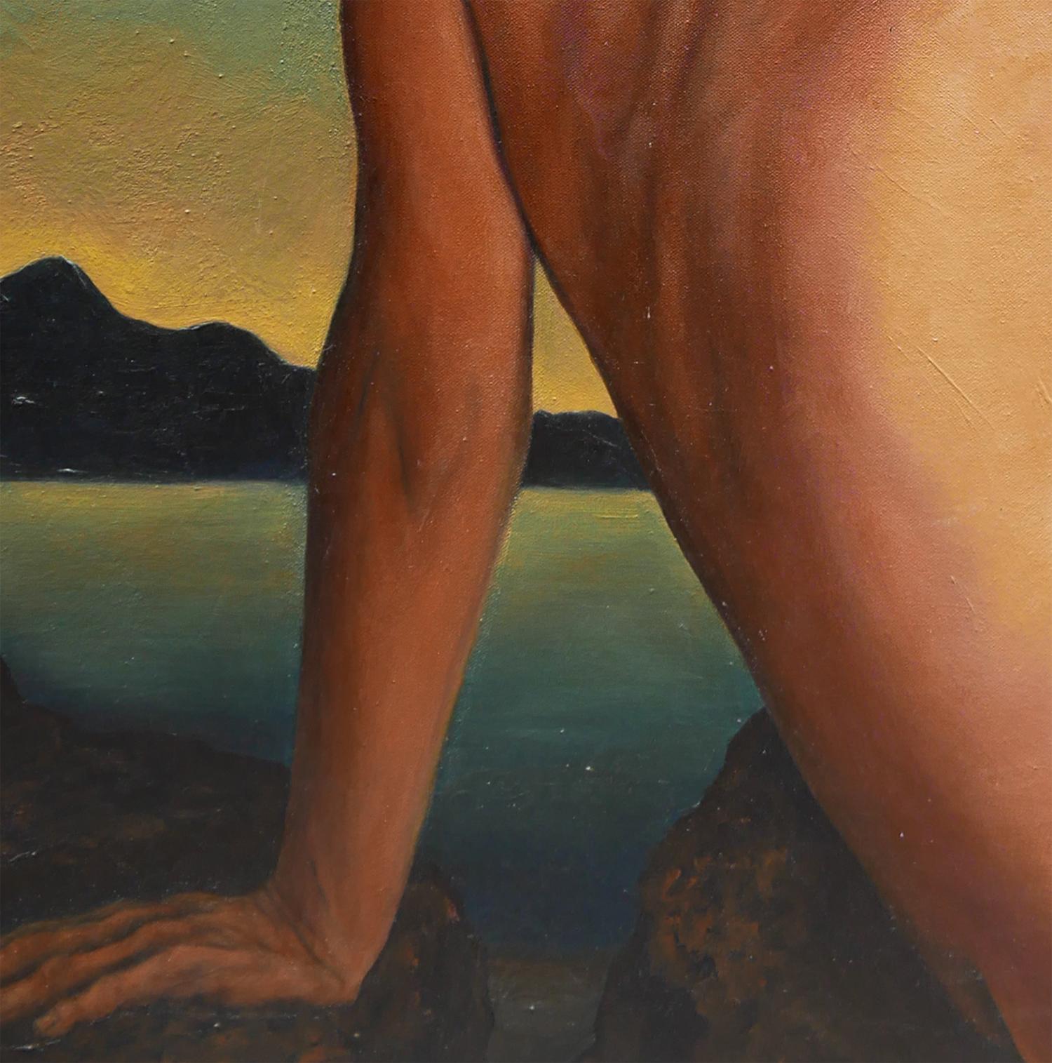 Pittura astratta surrealista di nudo femminile in verde scuro e marrone 4