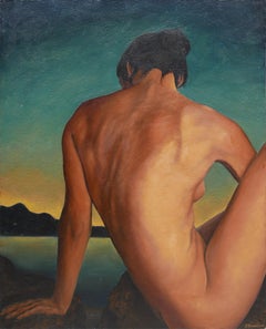 Pittura astratta surrealista di nudo femminile in verde scuro e marrone
