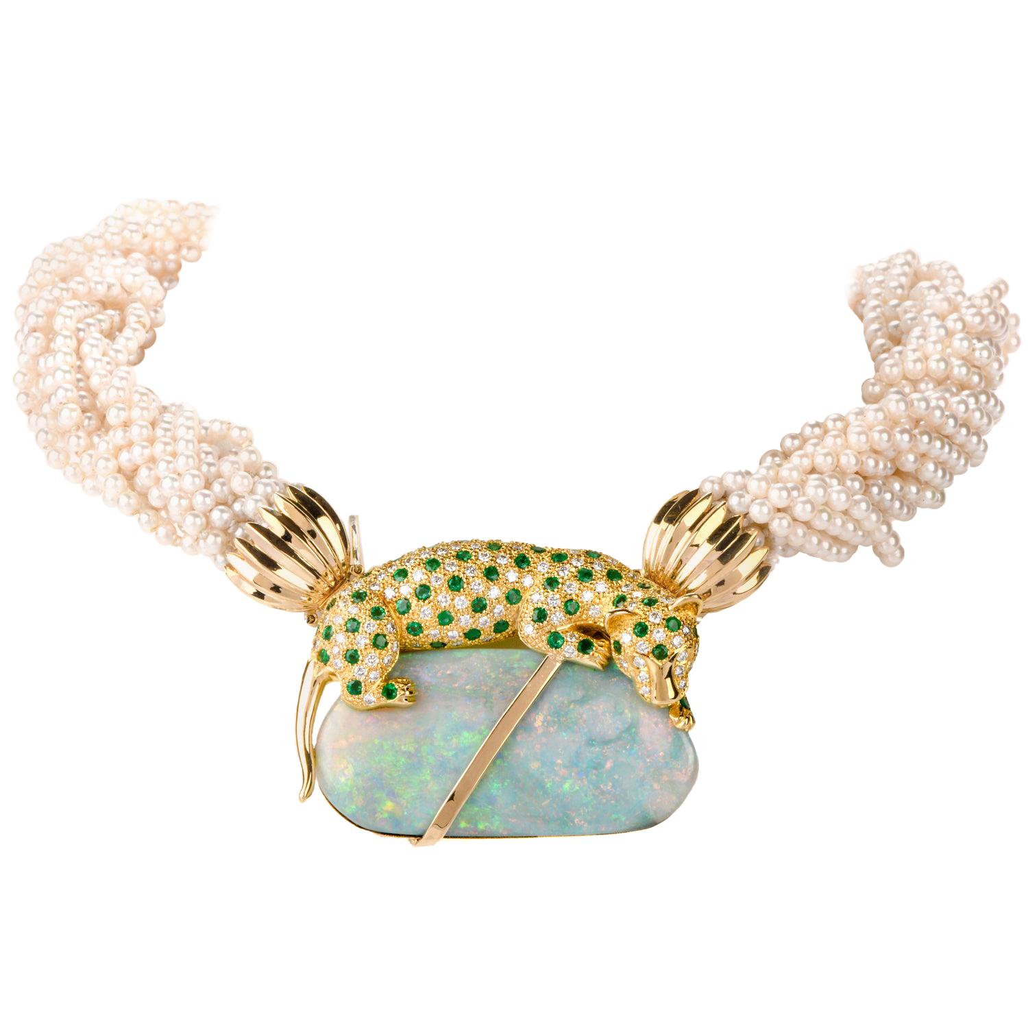 J Duffey Diamond Emerald and Opal 14-Strand Pearl 18 Karat Choker Necklace
