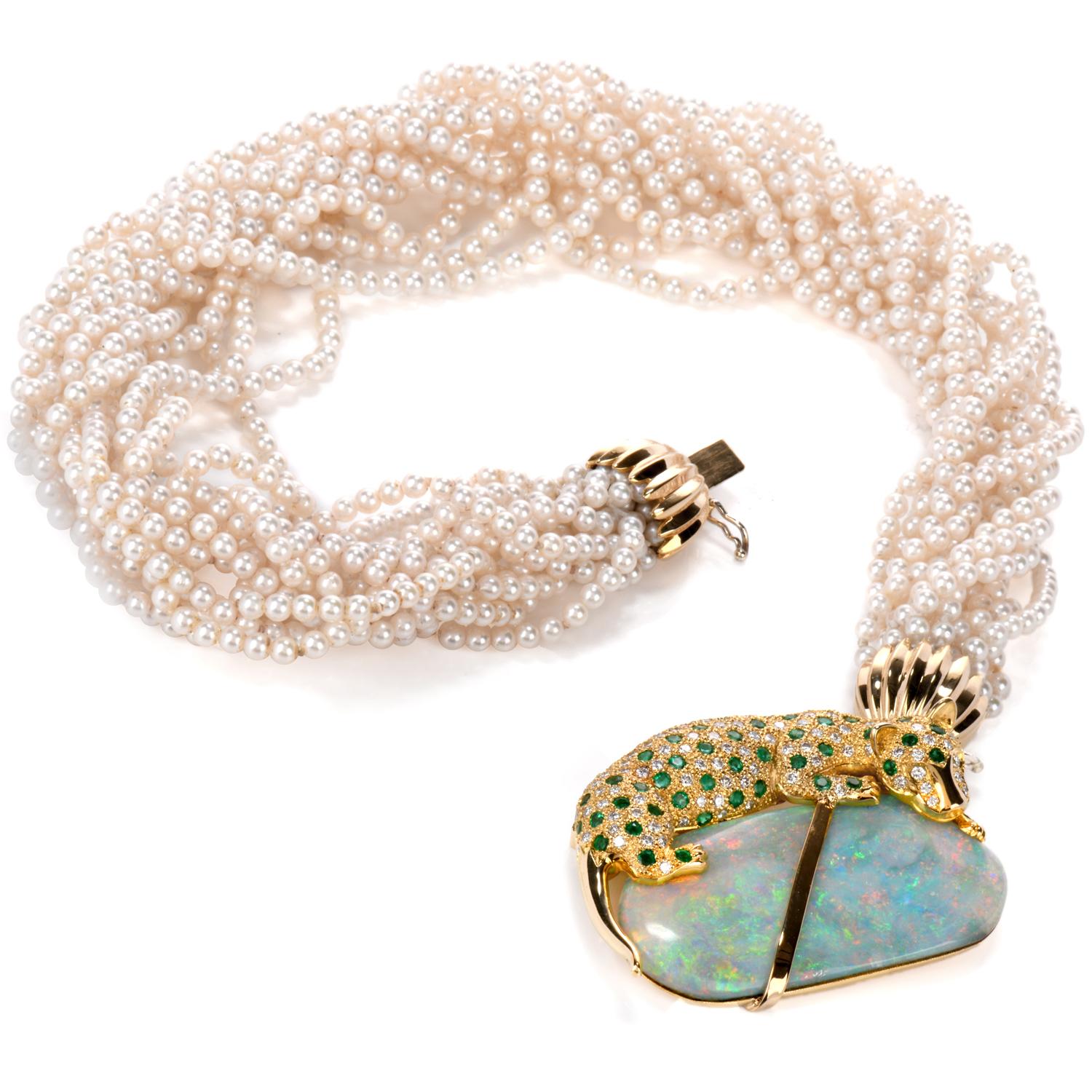 Retro J Duffey Diamond Emerald and Opal 14-Strand Pearl 18 Karat Choker Necklace