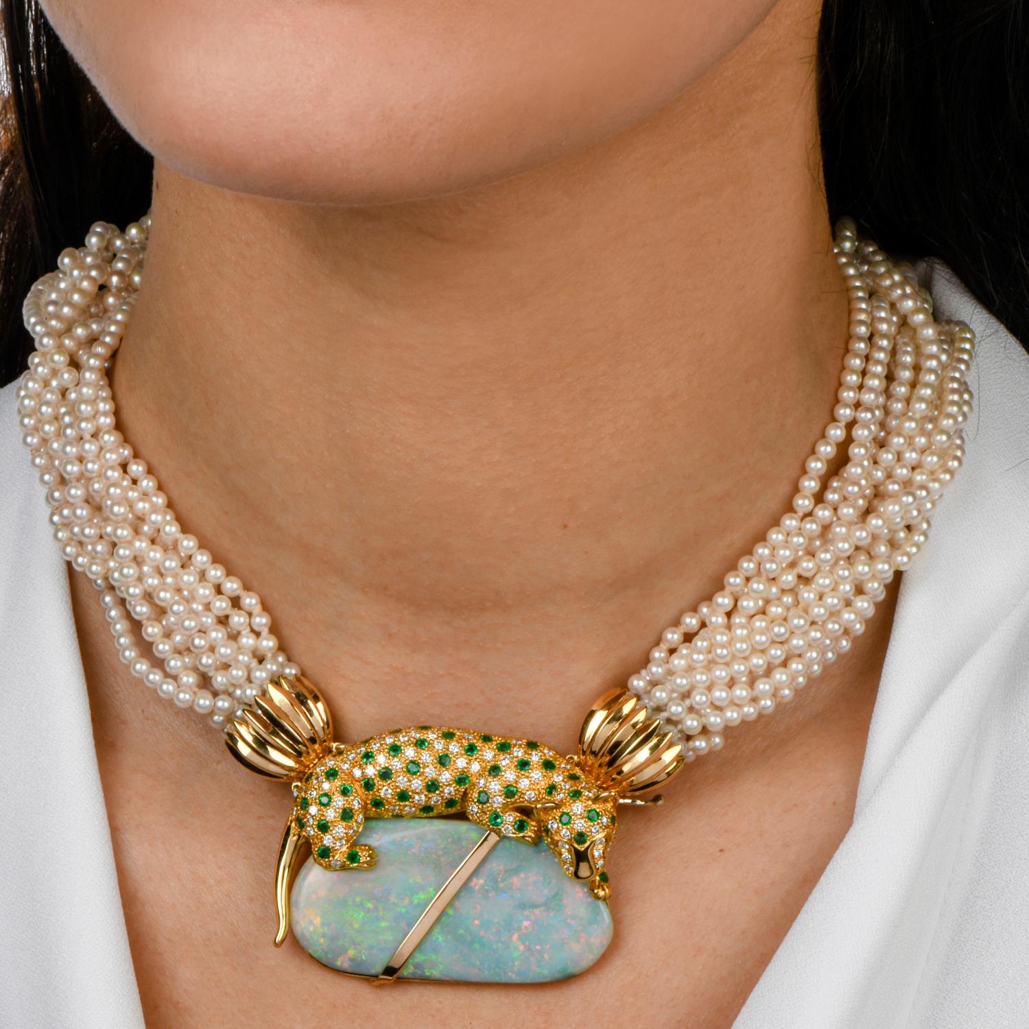 Emerald Cut J Duffey Diamond Emerald and Opal 14-Strand Pearl 18 Karat Choker Necklace