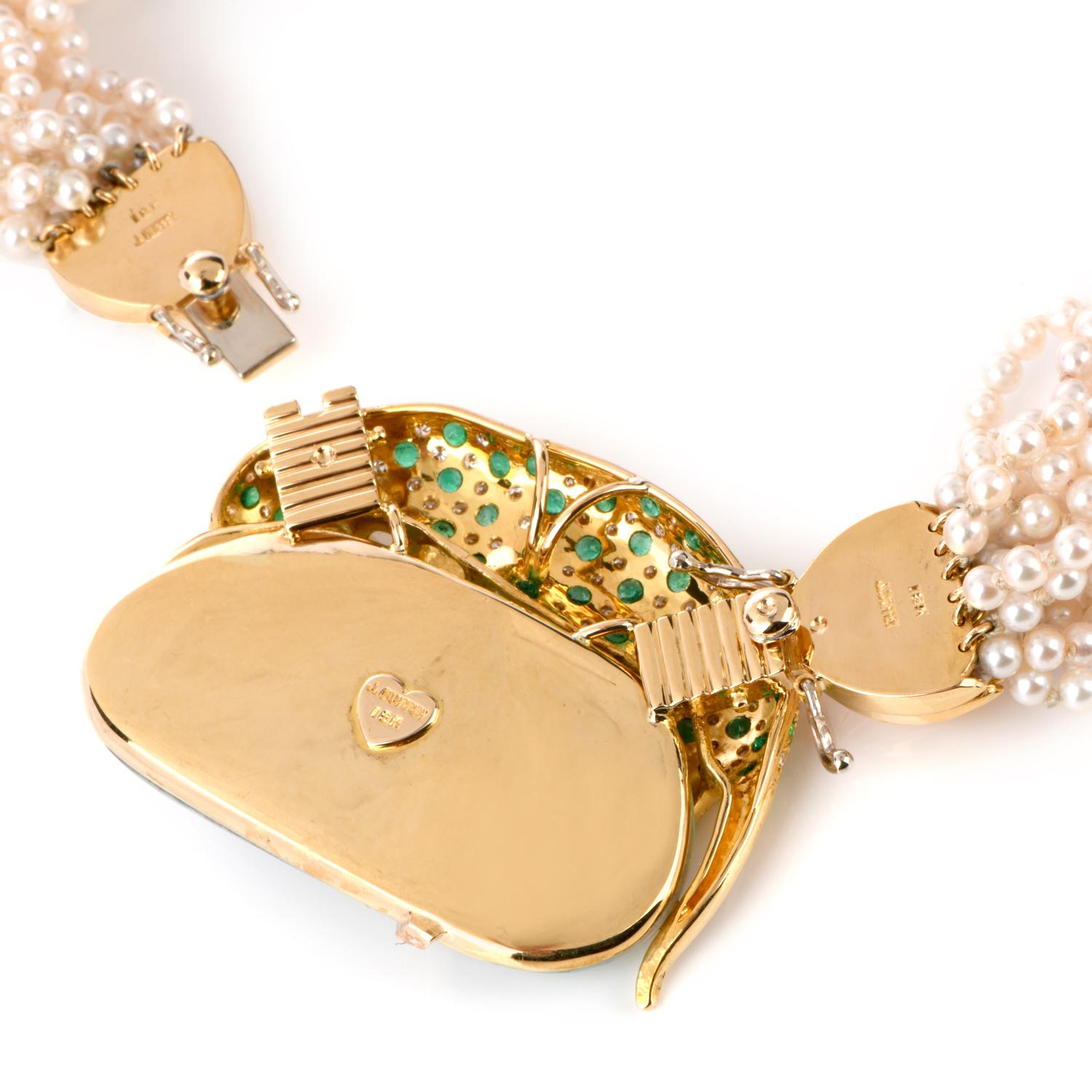 J Duffey Diamond Emerald and Opal 14-Strand Pearl 18 Karat Choker Necklace 2