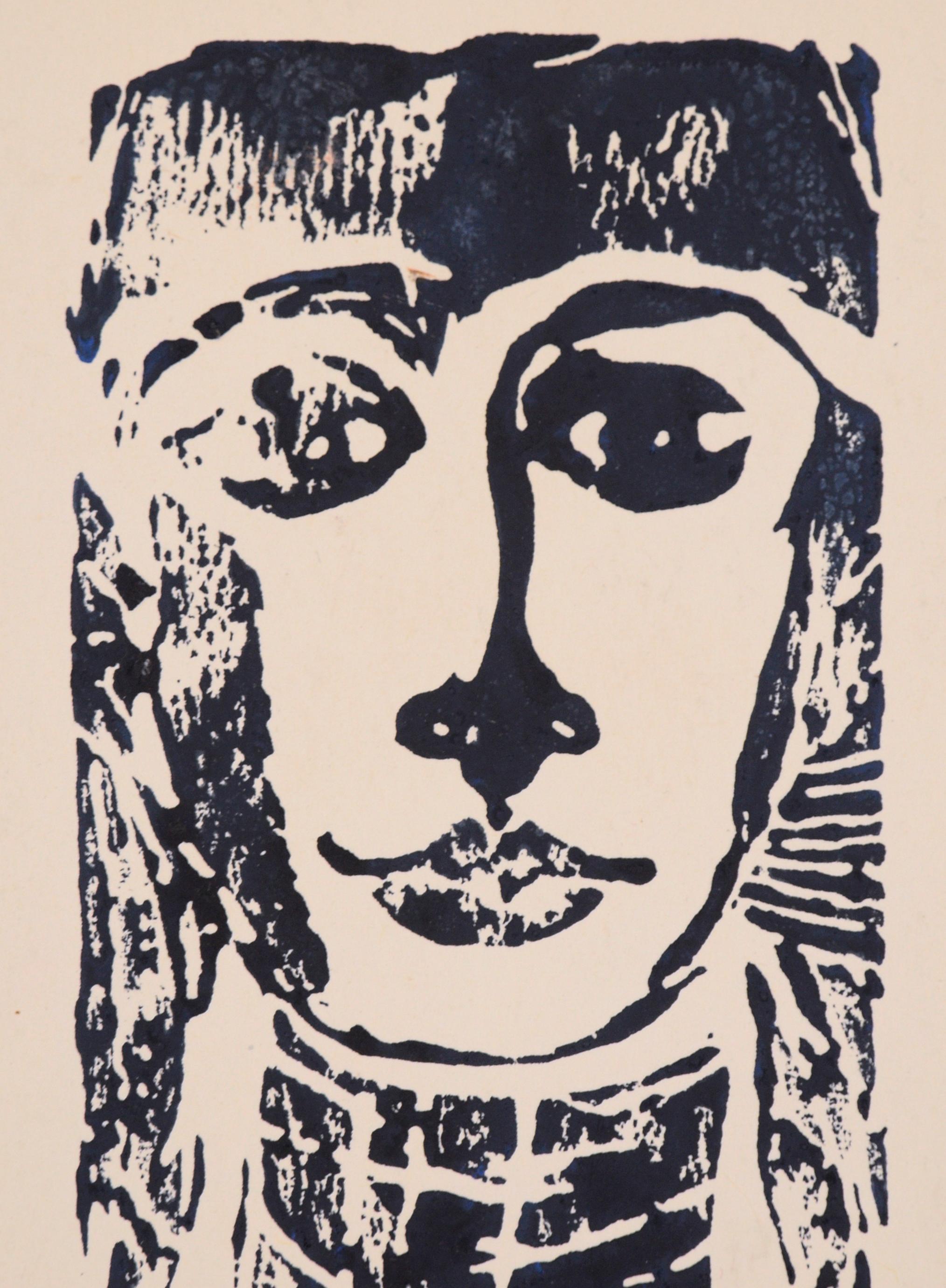 Holzschnitt-Porträt einer Frau (Moderne), Print, von J. Duffy