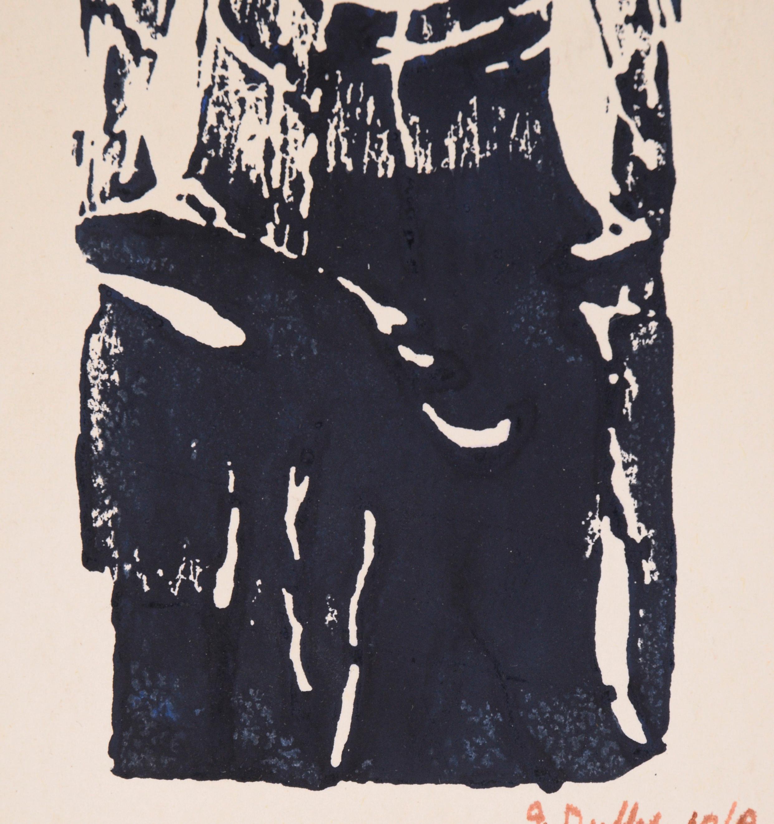 Kühnes Holzschnittbild einer Frau von J. Duffy (Amerikaner, 20. Jahrhundert). Das Motiv blickt den Betrachter direkt an und schafft so eine fesselnde und zugleich delikate Komposition. Die Tinte scheint schwarz zu sein, ist aber in Wirklichkeit ein