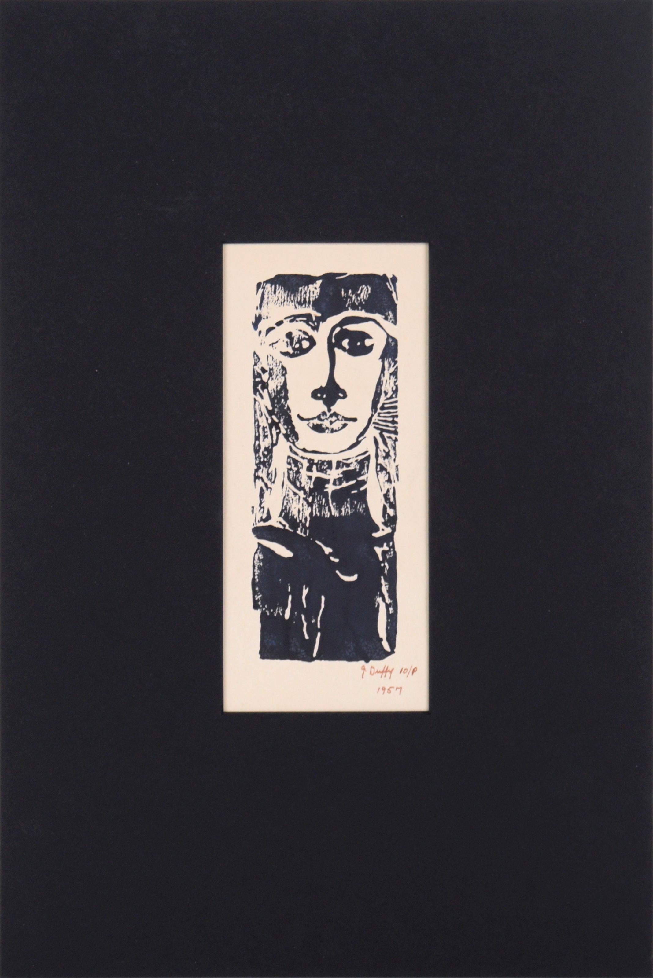 Portrait Print J. Duffy - Portrait de femme sur bois