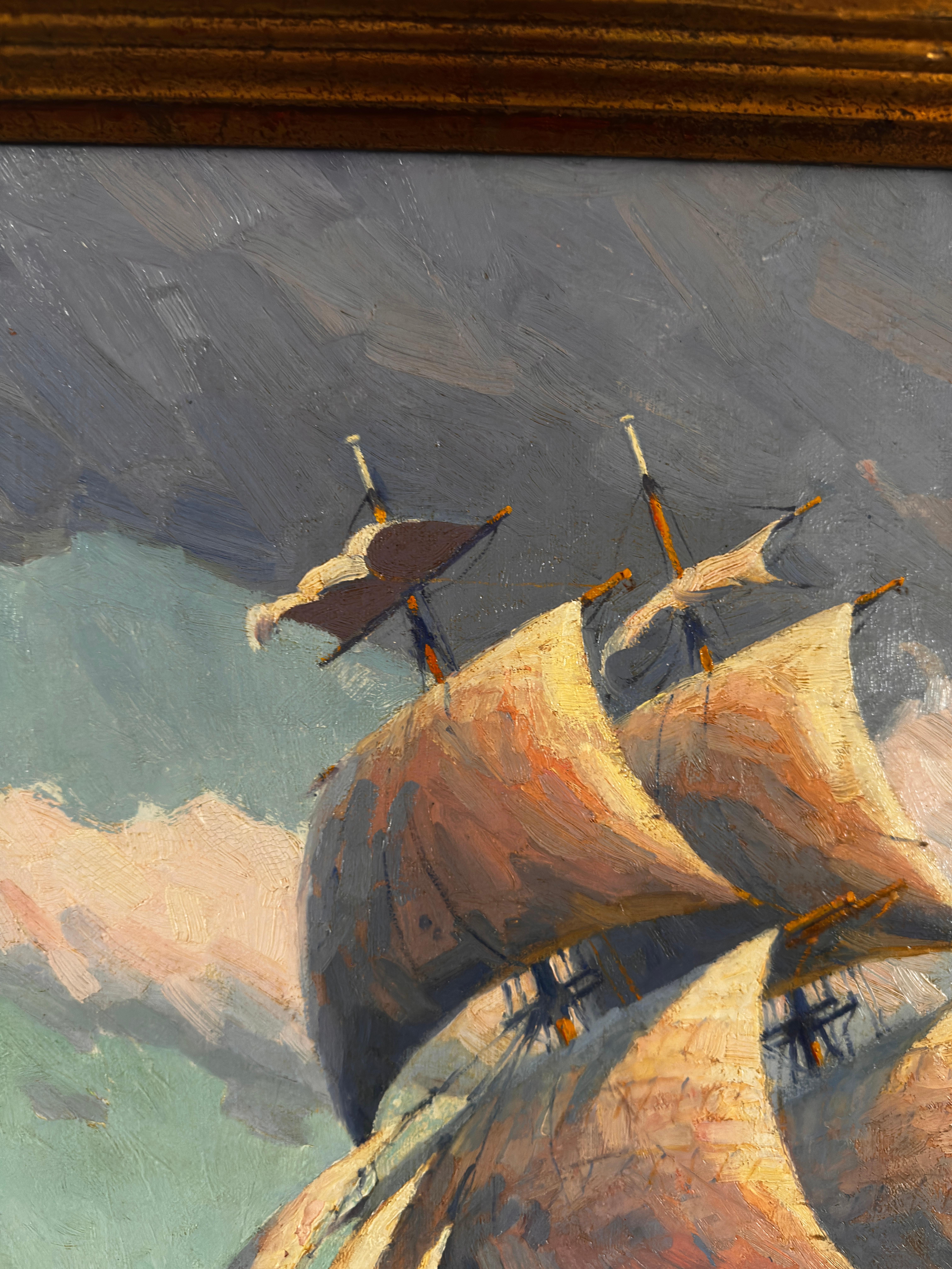 Medidas 
Pintura 30,25 x 25,25 pulgadas 
Enmarcado 34 5/8 x 29 3/4 pulgadas 

Joe Duncan Gleason (1881 - 1959) fue un pintor impresionista californiano muy apreciado por sus pinturas marítimas y sus representaciones de veleros e historia naval. Su