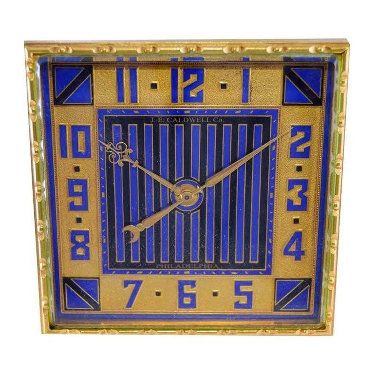 J. E. Caldwell Art Deco Desk Clock Gilt Brass and Enamel, 1930's In Excellent Condition In Long Beach, CA
