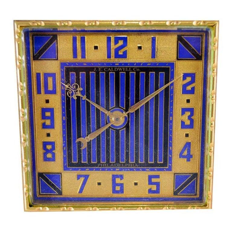 Mid-20th Century J. E. Caldwell Art Deco Desk Clock Gilt Brass and Enamel, 1930's