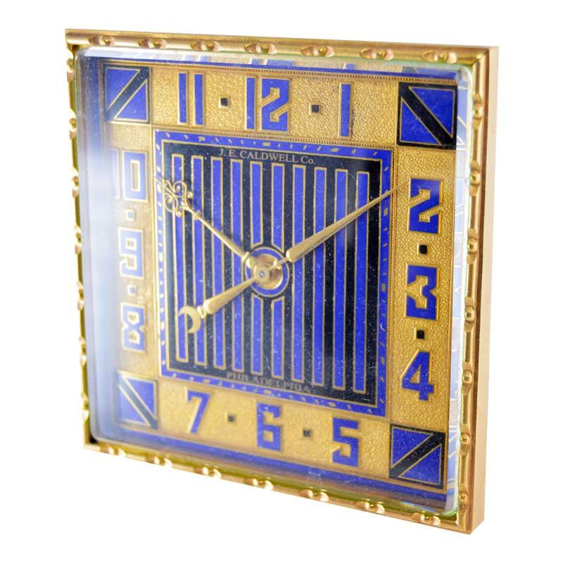 J. E. Caldwell Art Deco Desk Clock Gilt Brass and Enamel 1930's In Excellent Condition In Long Beach, CA
