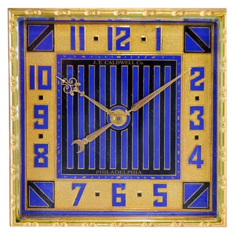 J. E. Caldwell Art Deco Desk Clock Gilt Brass and Enamel, 1930's