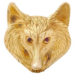 J. E. Caldwell Art Nouveau Ruby 14 Karat Yellow Gold Antique Wolf Head Brooch