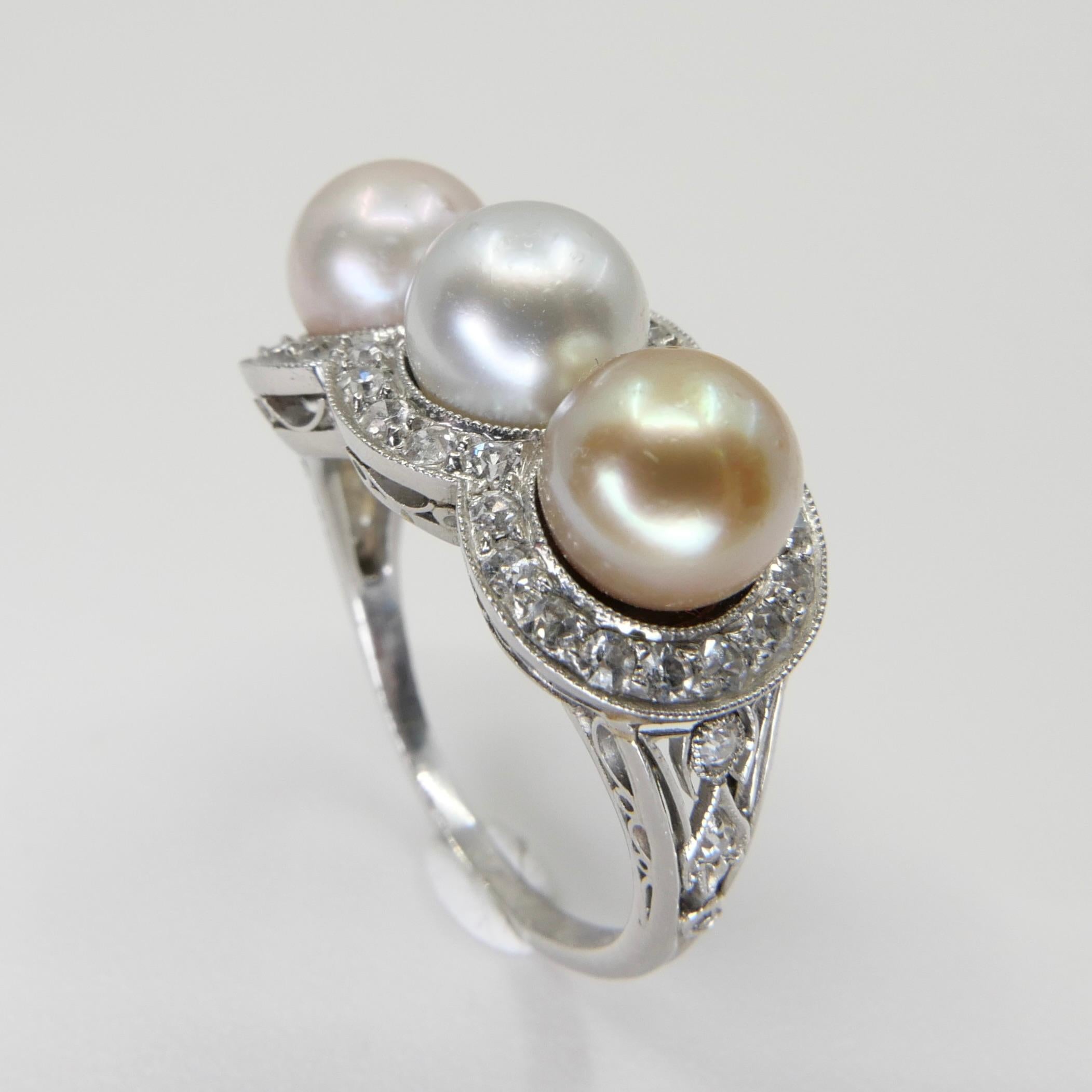 J E Caldwell Belle Epoque Certified 3 Natural Colored Pearls and Diamond Ring 1