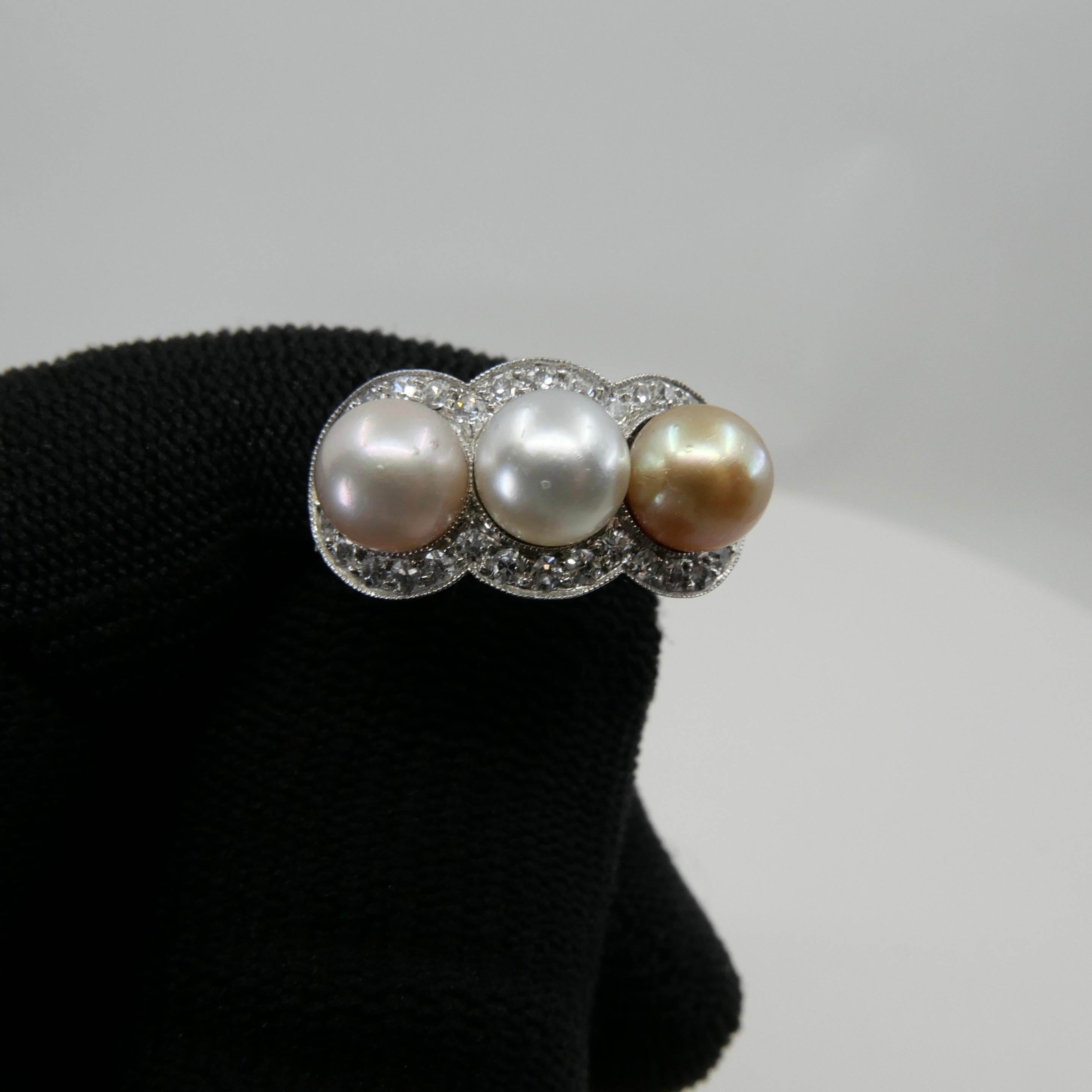 J E Caldwell Belle Epoque Certified 3 Natural Colored Pearls and Diamond Ring 2