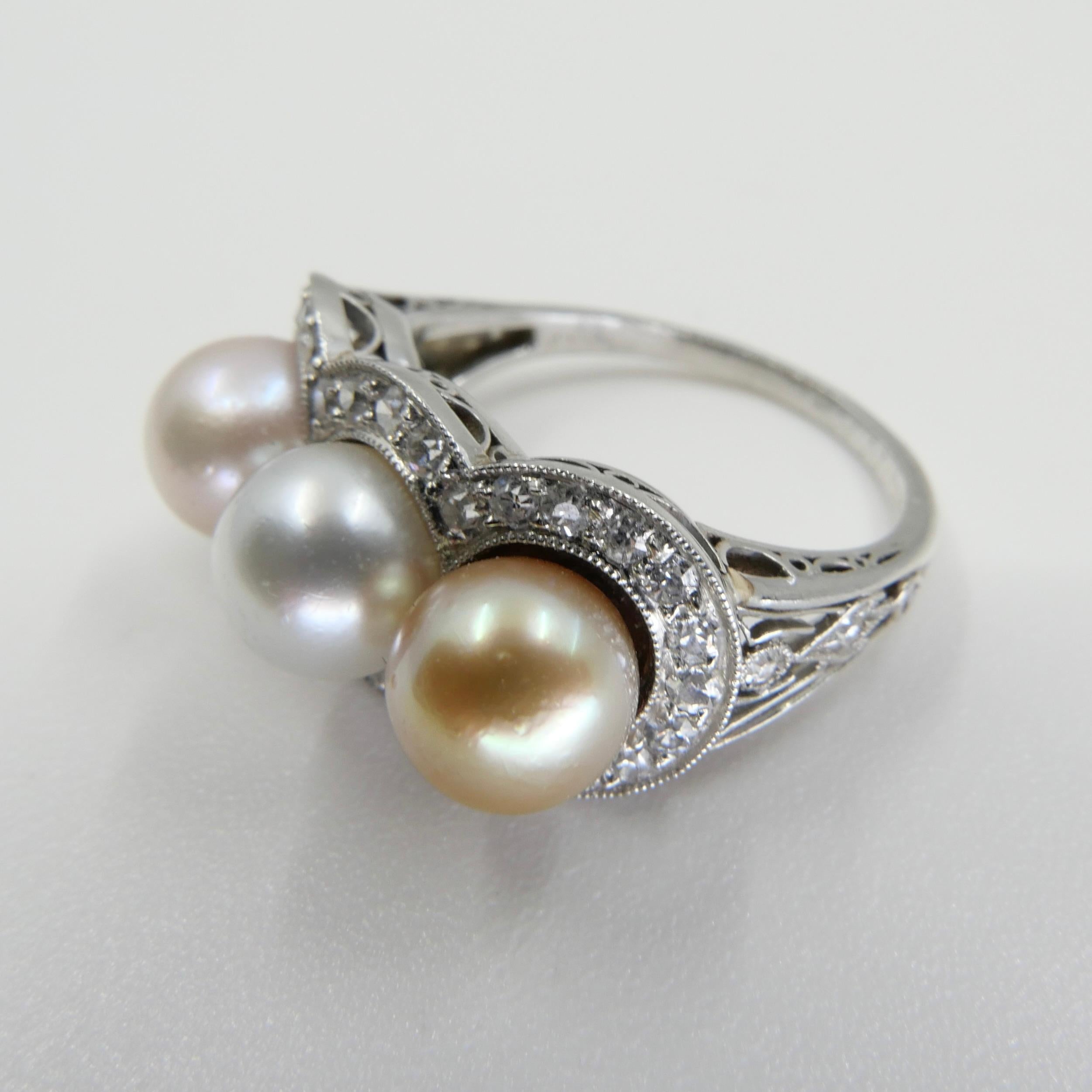 J E Caldwell Belle Epoque Certified 3 Natural Colored Pearls and Diamond Ring 4